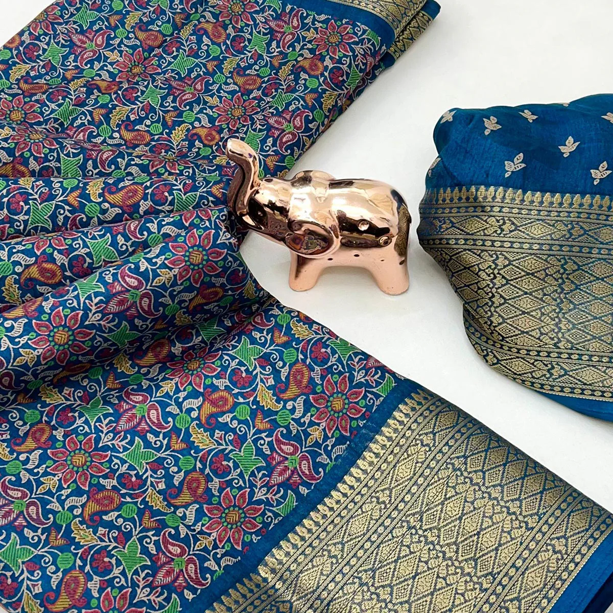 Blue Kashmiri Floral Printed Dola Silk Saree With Kalamkari Pallu & Rich Zari Weaving Border - Image 2