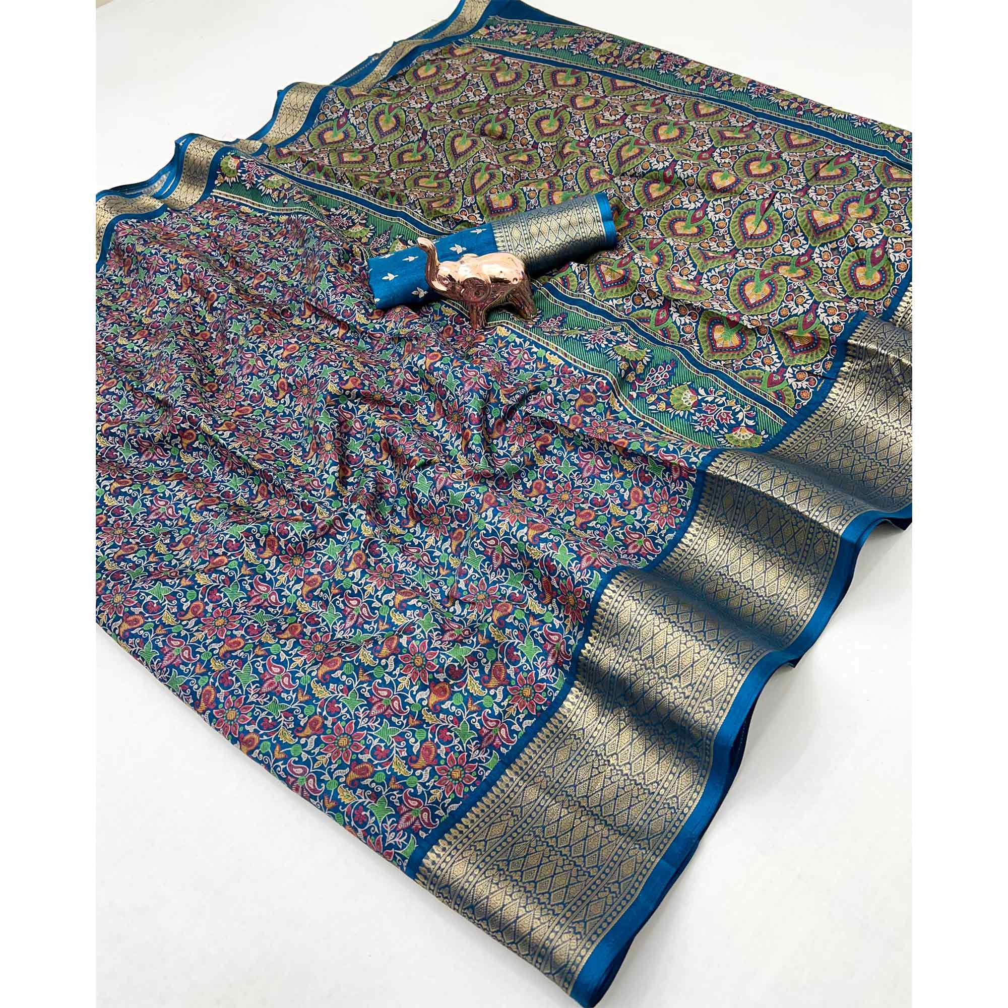 Blue Kashmiri Floral Printed Dola Silk Saree With Kalamkari Pallu & Rich Zari Weaving Border - Image 3