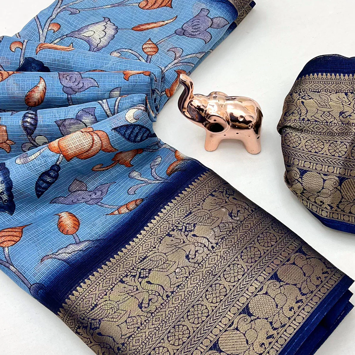 Blue Kashmiri Floral Printed Kota Doria Saree With Bandhani Pallu & Rich Zari Weaving Border - Image 2