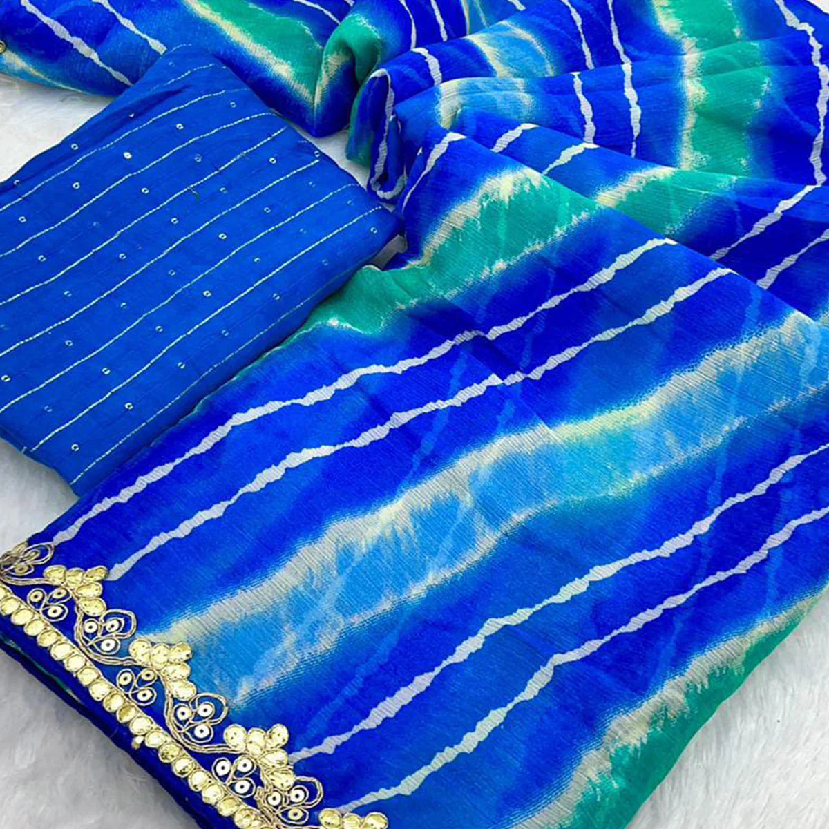 Blue Leheriya Printed Chiffon Saree With Sequins Embroidered Border - Image 2