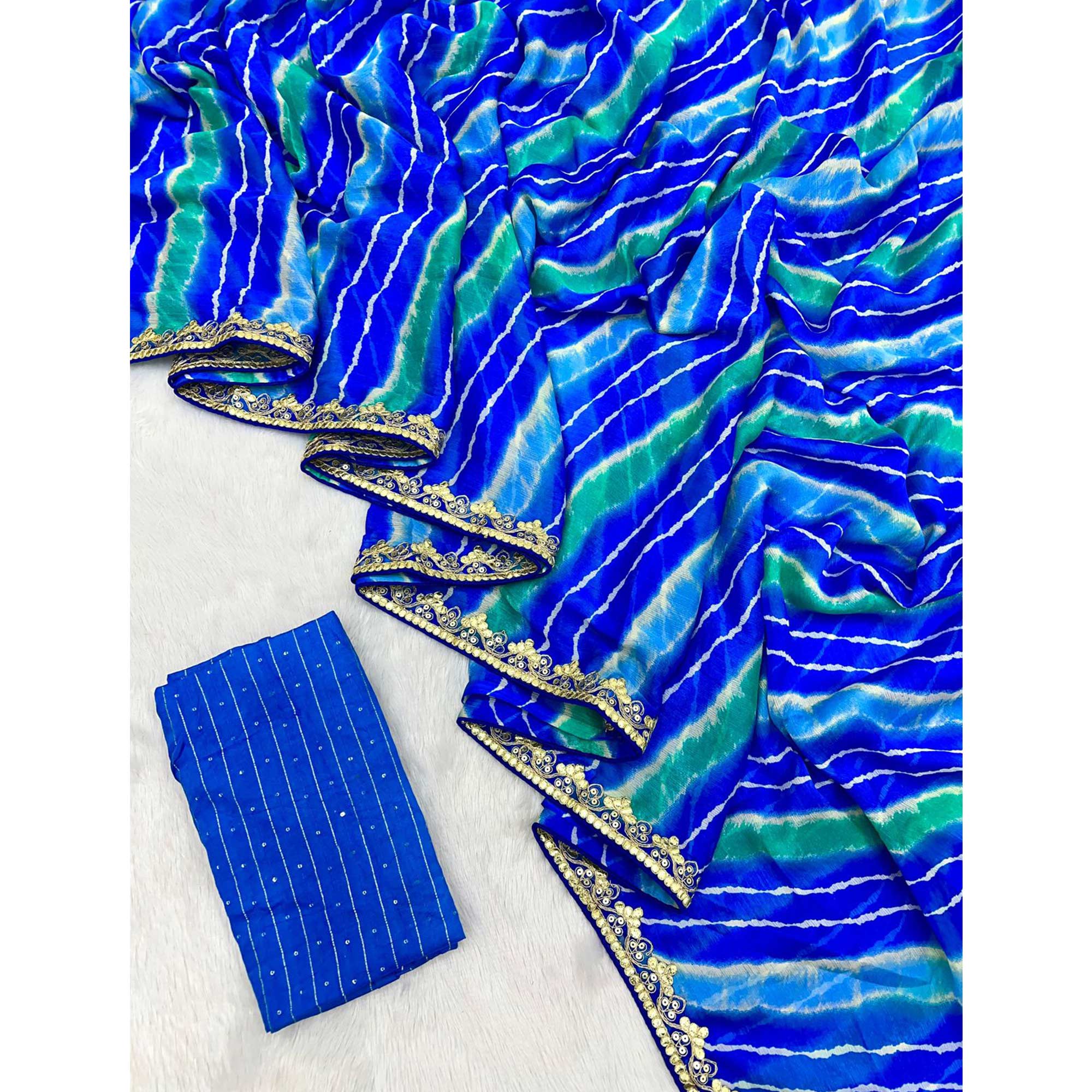Blue Leheriya Printed Chiffon Saree With Sequins Embroidered Border - Image 3