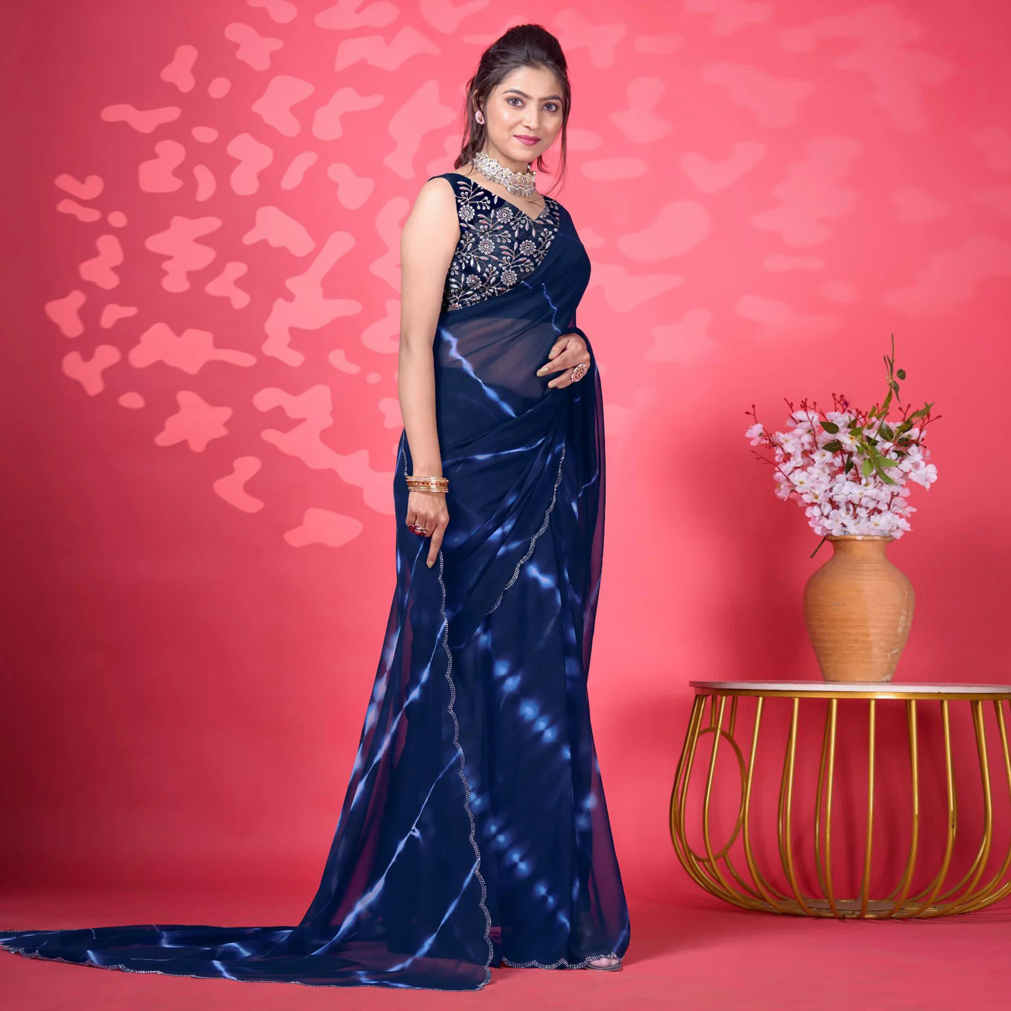 Blue Leheriya Printed Georgette Saree - Image 2