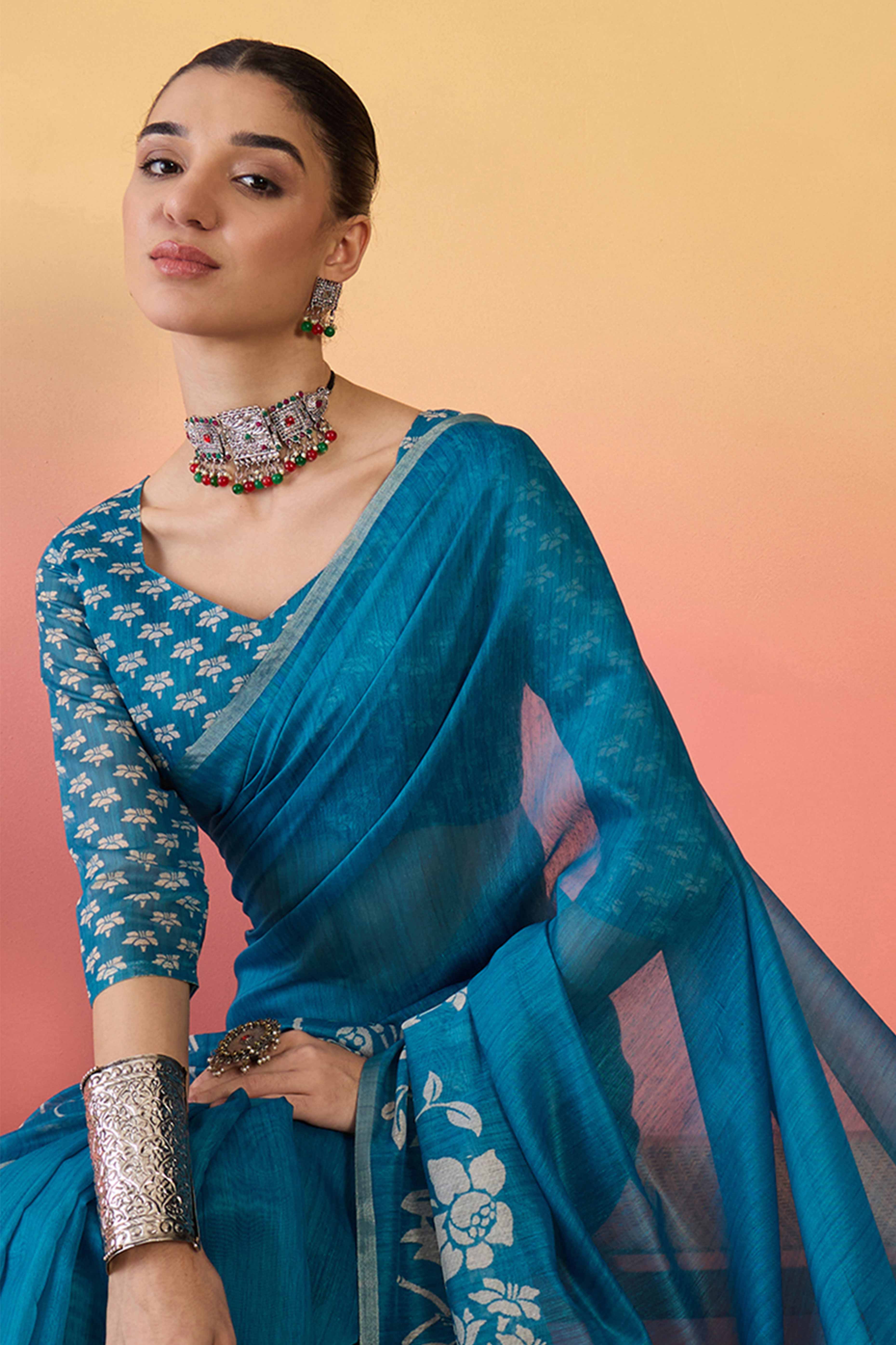 Blue Linen Cotton Saree Featuring Elegant Floral & Bird Prints With Tassel Pallu - Image 4