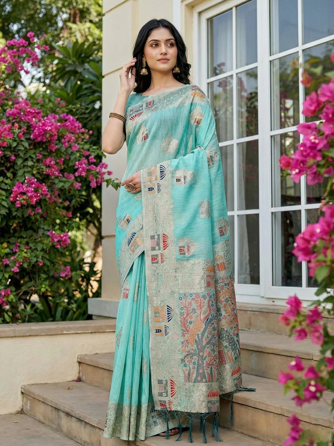 Blue Linen Festive Wear Saree Adorned with Artistic Zari Woven Design
