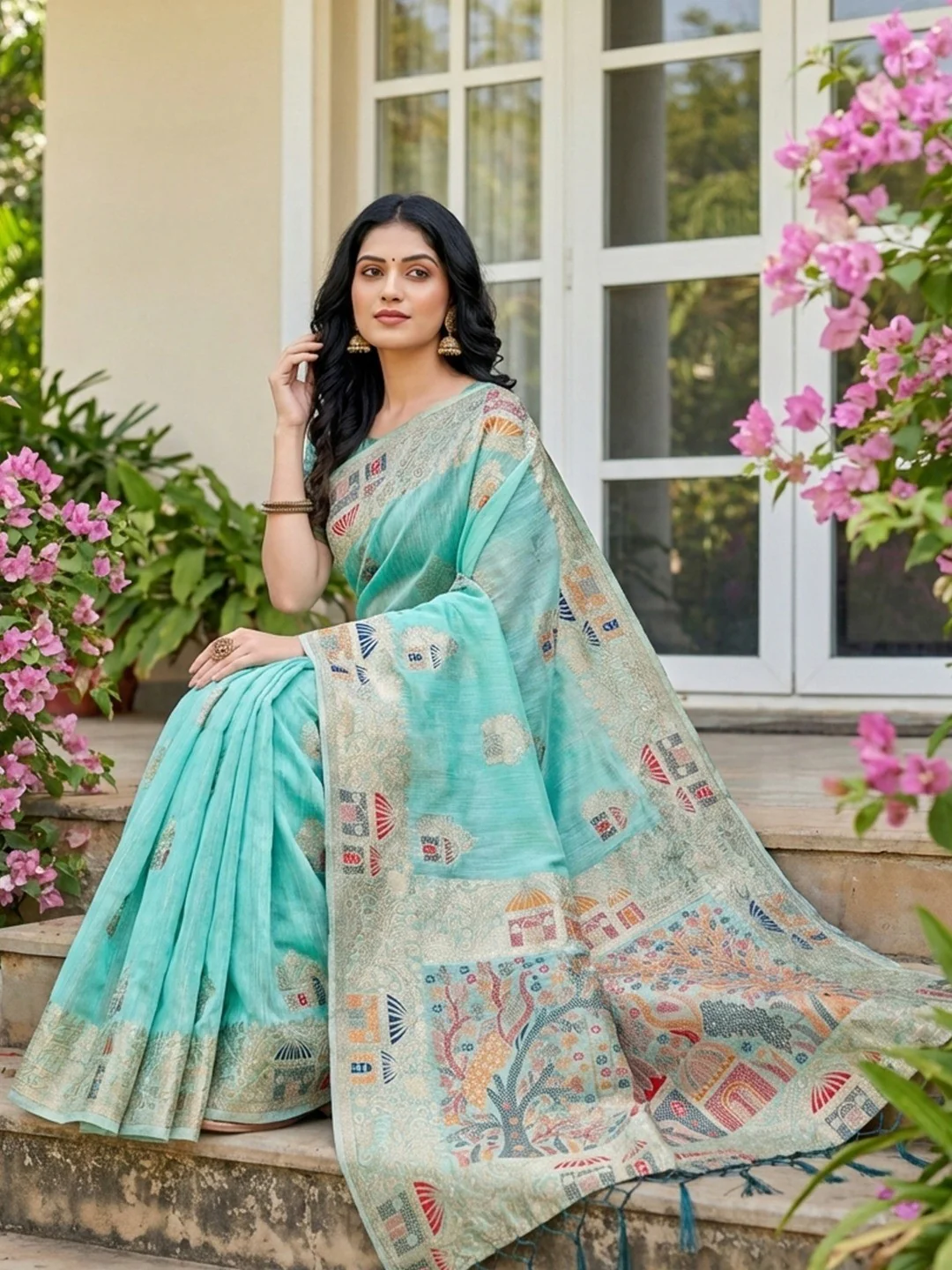 Blue Linen Festive Wear Saree Adorned with Artistic Zari Woven Design - Image 3