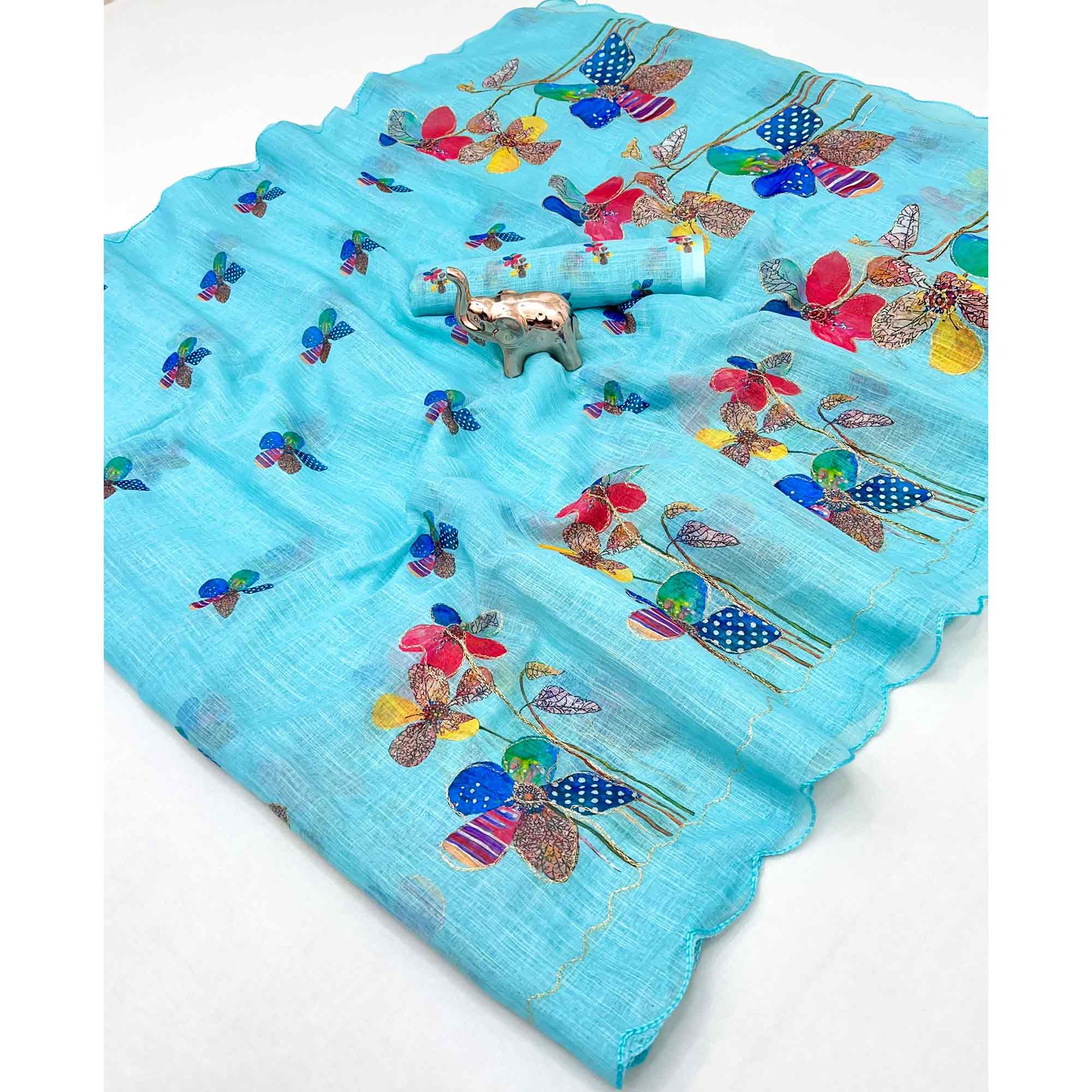 Blue Linen Saree Featuring Floral Digital Print With Zari Outline & Cutwork Border - Image 3
