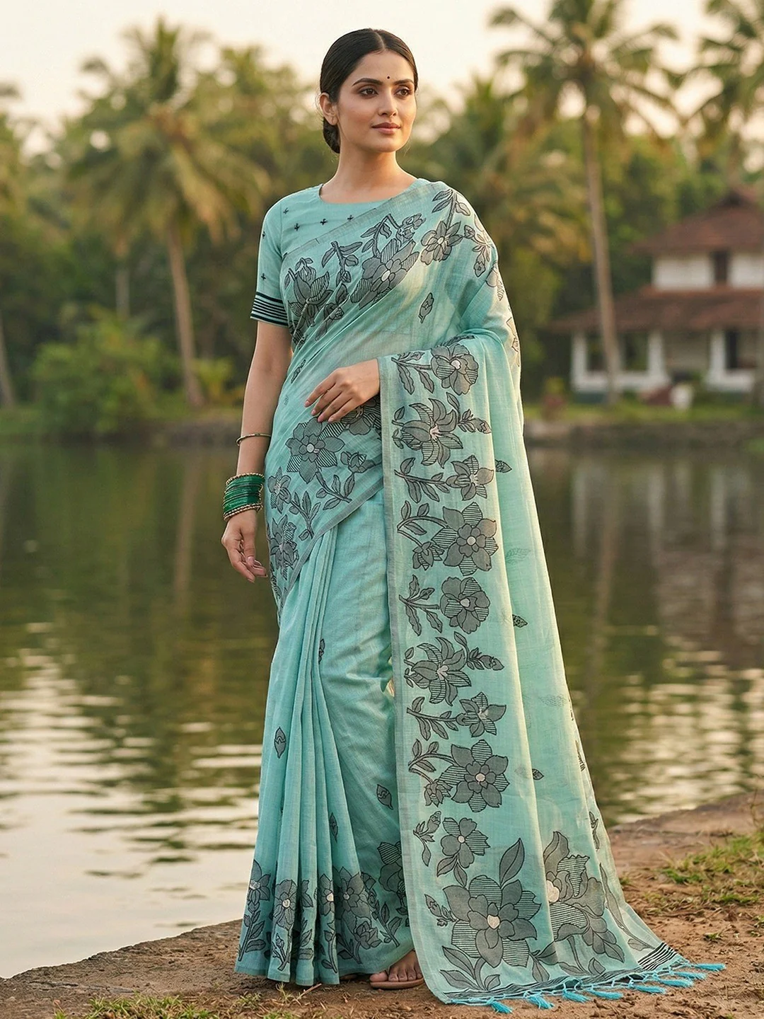 Blue Linen Saree with Subtle Floral Weaving and Smooth Breathable Texture