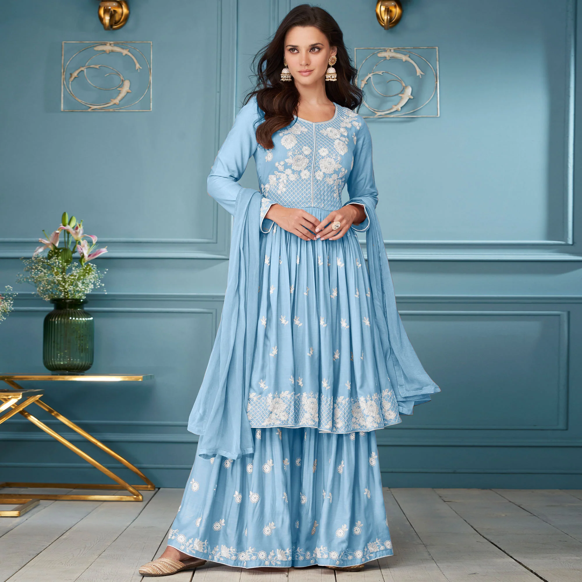 Lavender Lucknowi Embroidered Rayon Palazzo Suit - Image 2