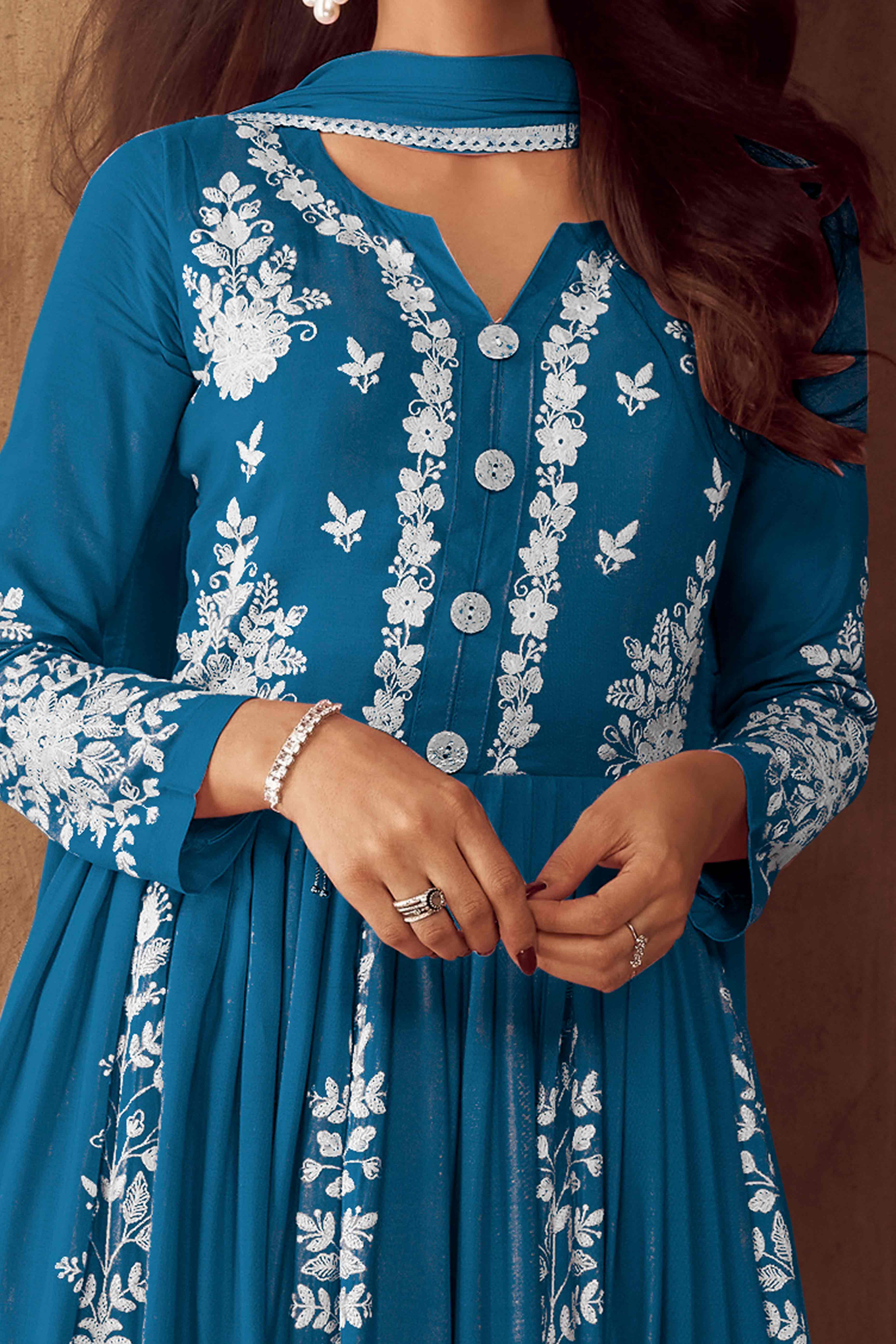 Blue Lucknowi Embroidered Rayon Palazzo Suit - Image 2