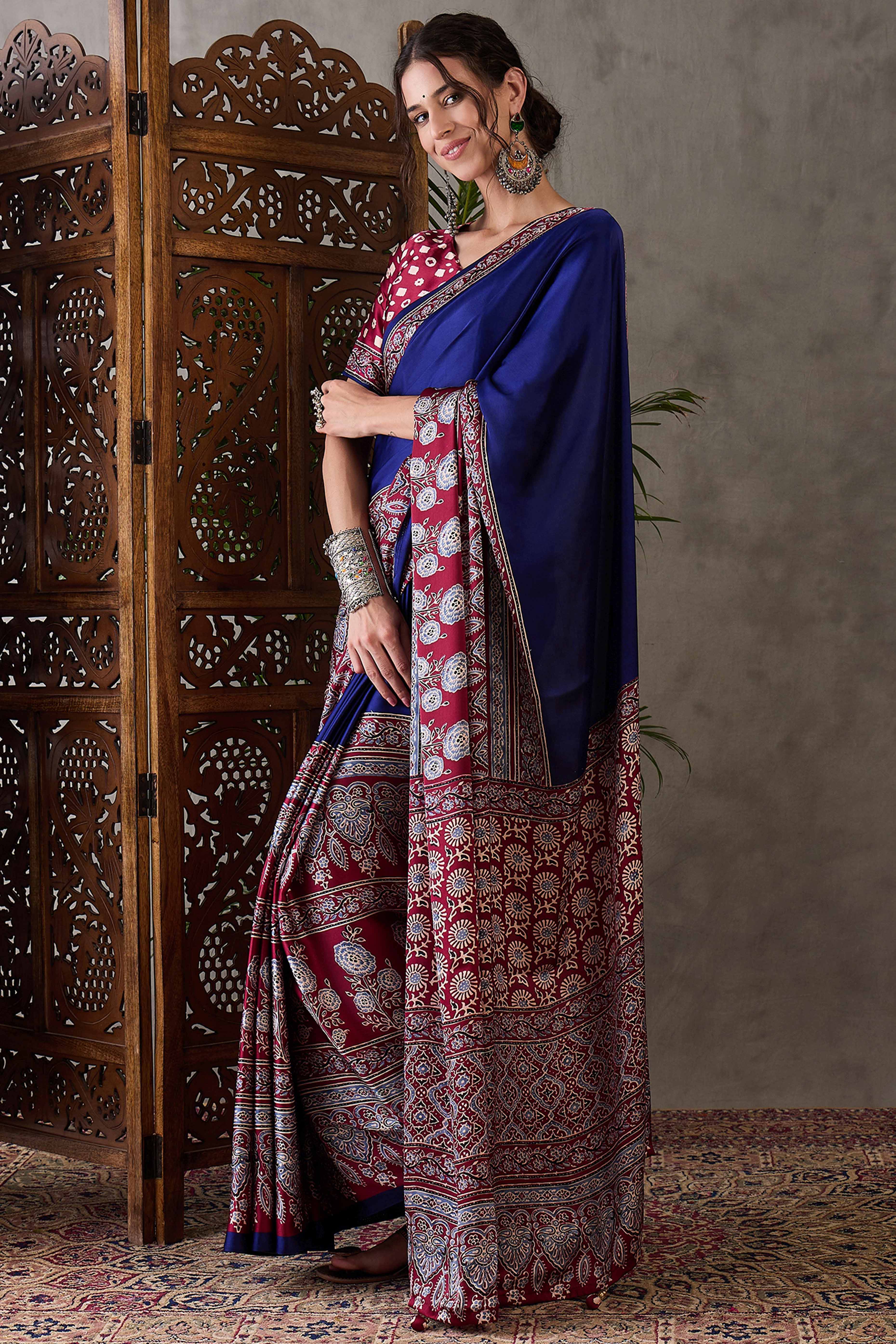 Blue & Maroon Ajrakh Printed Modal Satin Saree with Elegant Party Wear Appeal - Image 4