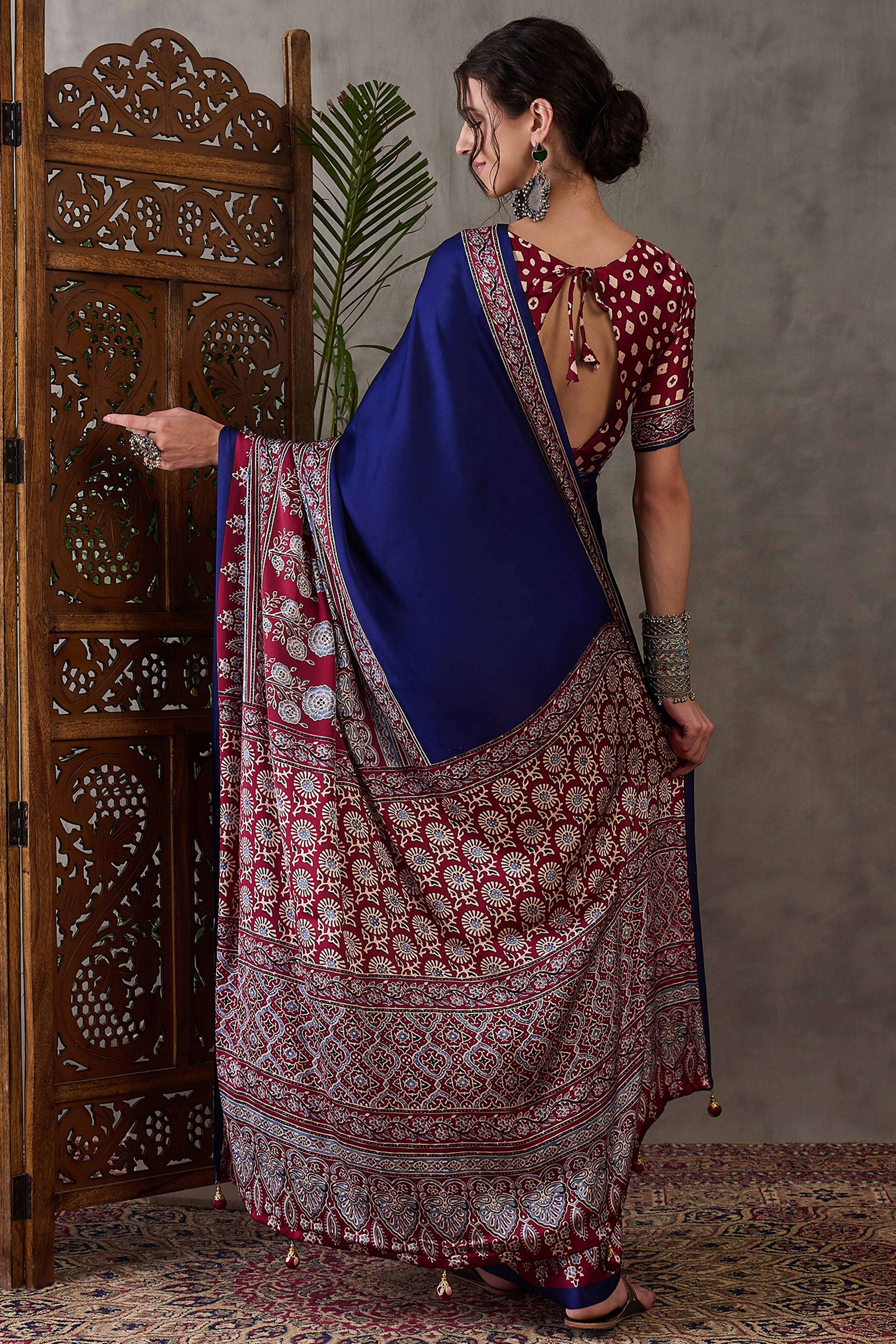 Blue & Maroon Ajrakh Printed Modal Satin Saree with Elegant Party Wear Appeal - Image 5