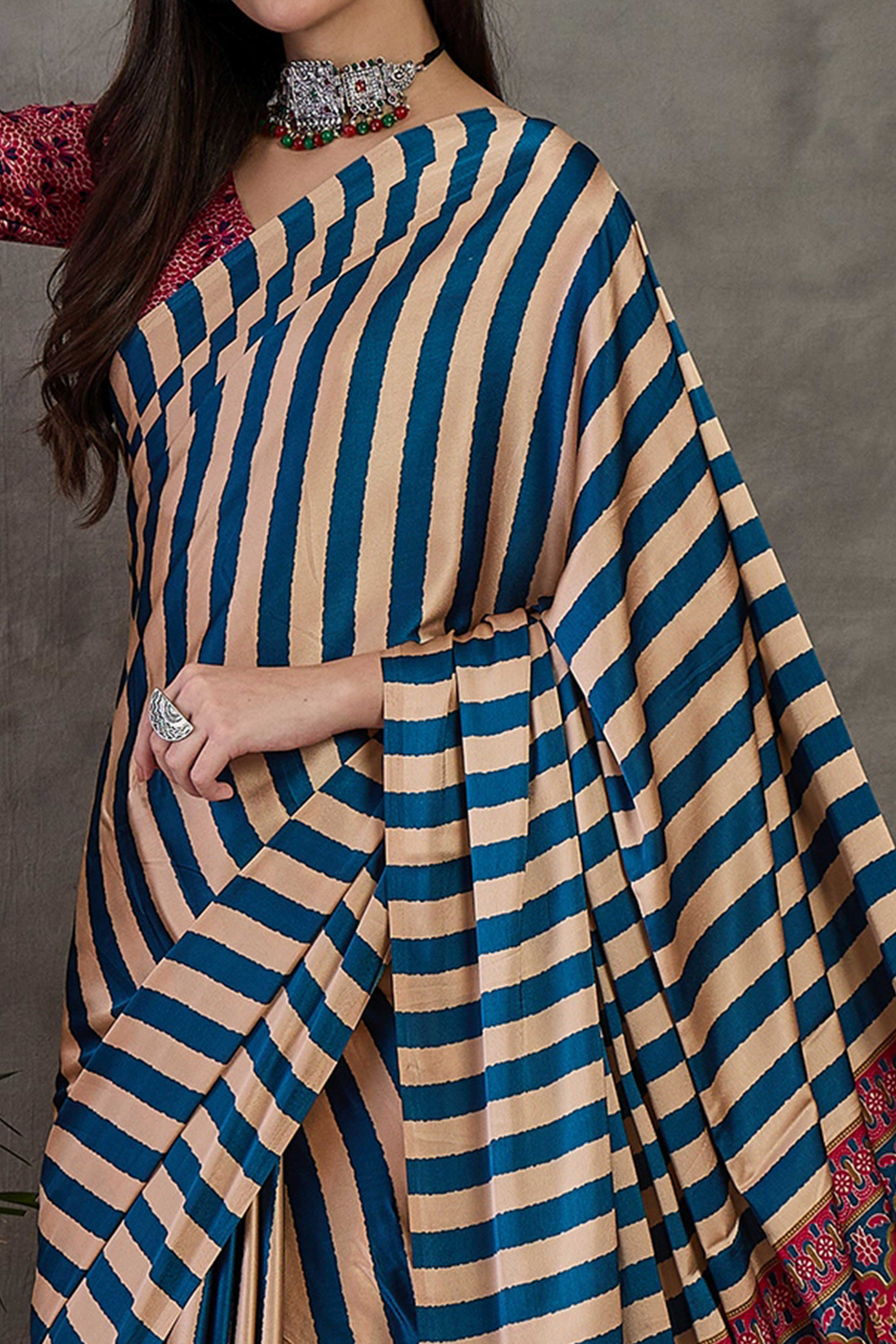 Blue Modal Satin Saree with Subtle Stripe Design and Ajrakh Print on Pallu - Image 2