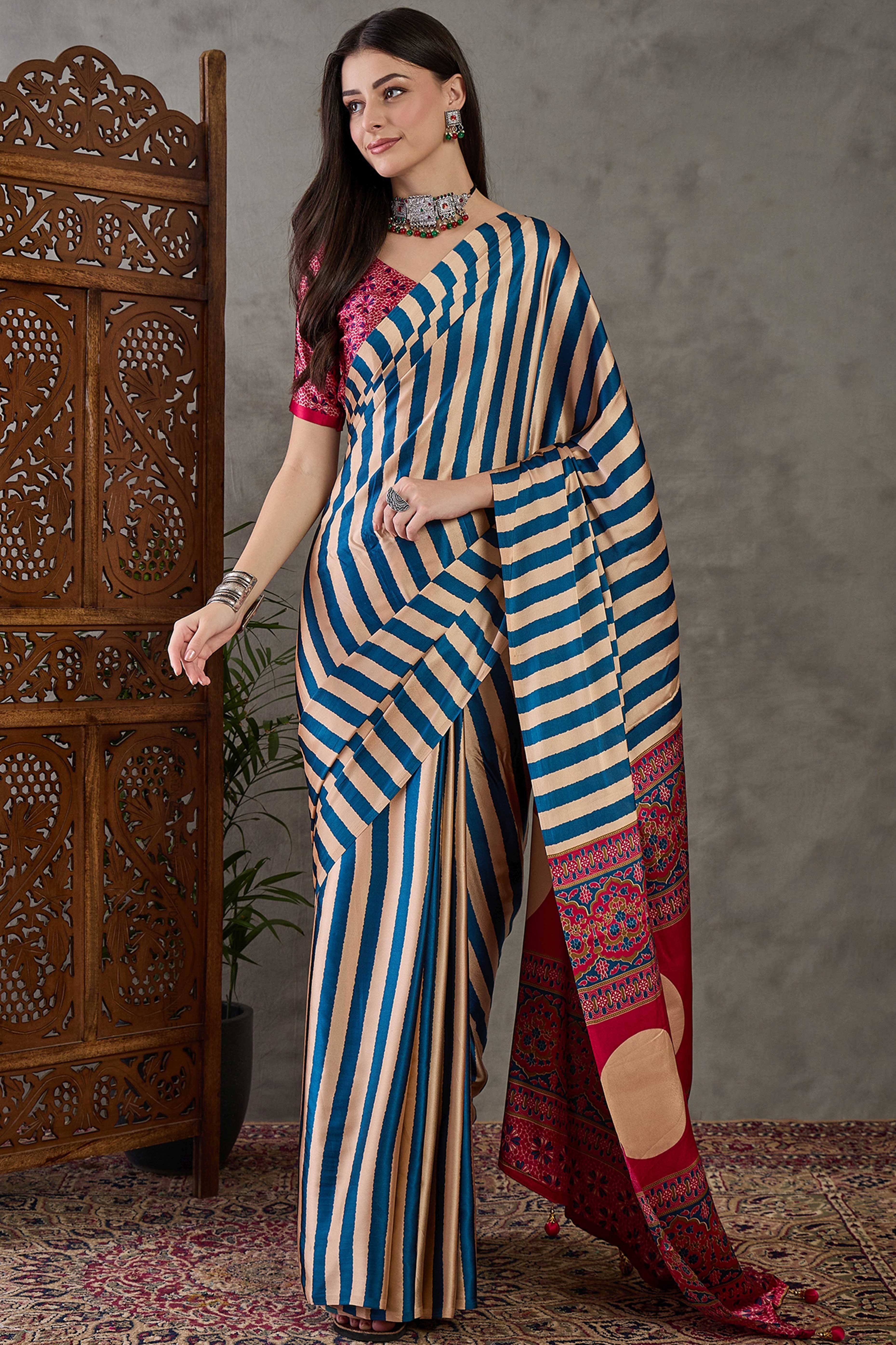Blue Modal Satin Saree with Subtle Stripe Design and Ajrakh Print on Pallu - Image 3