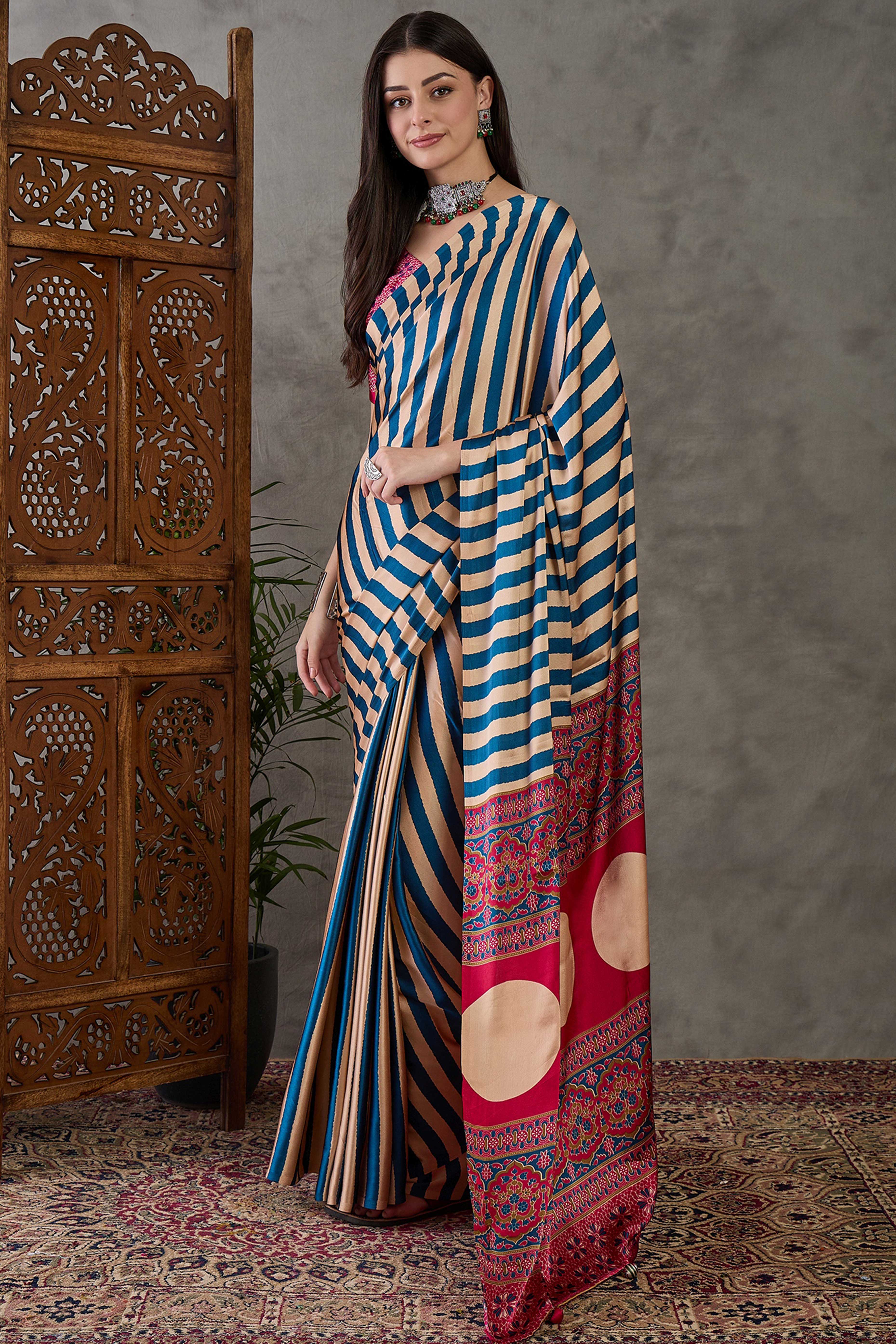 Blue Modal Satin Saree with Subtle Stripe Design and Ajrakh Print on Pallu - Image 4