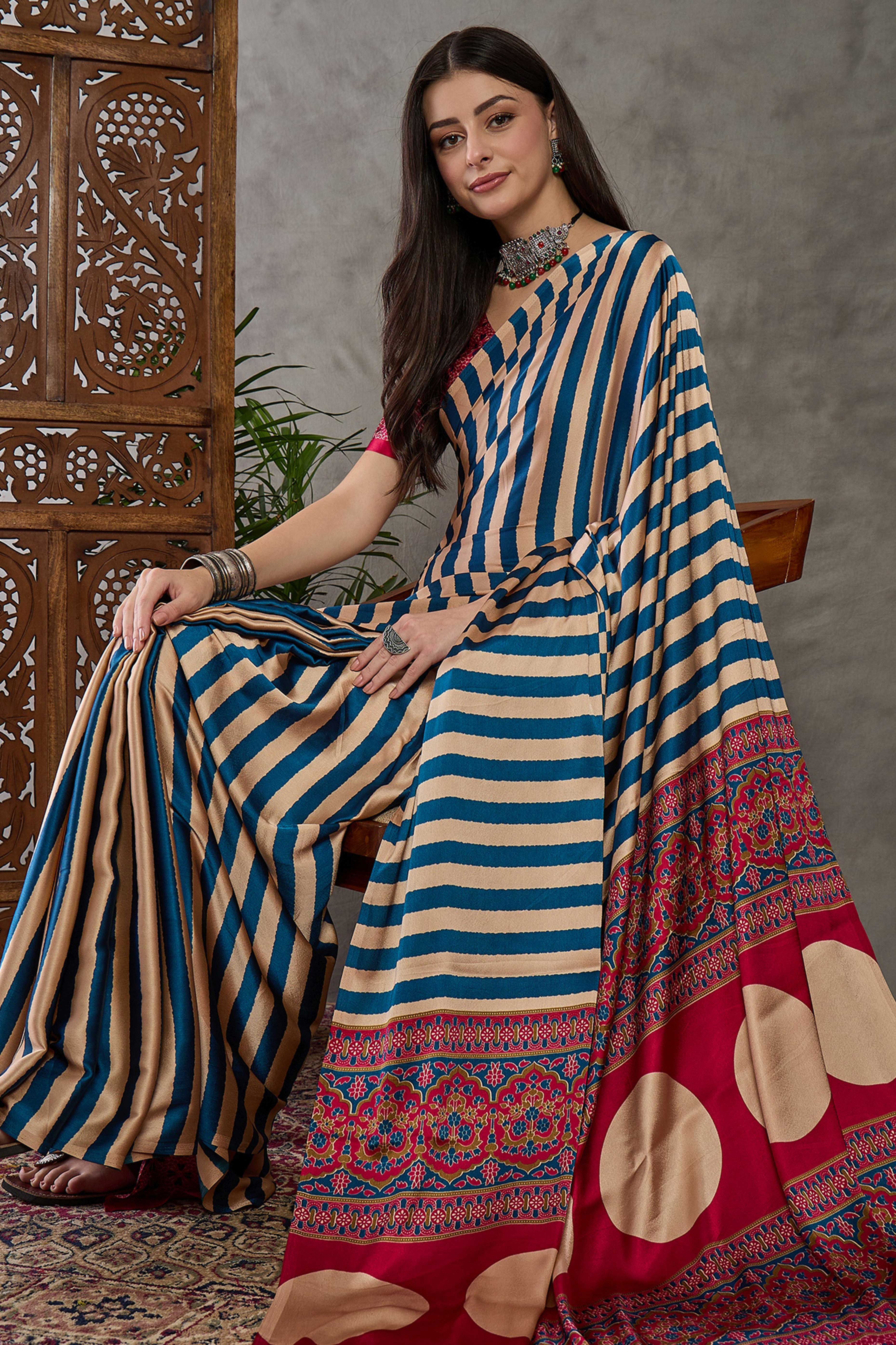 Blue Modal Satin Saree with Subtle Stripe Design and Ajrakh Print on Pallu - Image 7