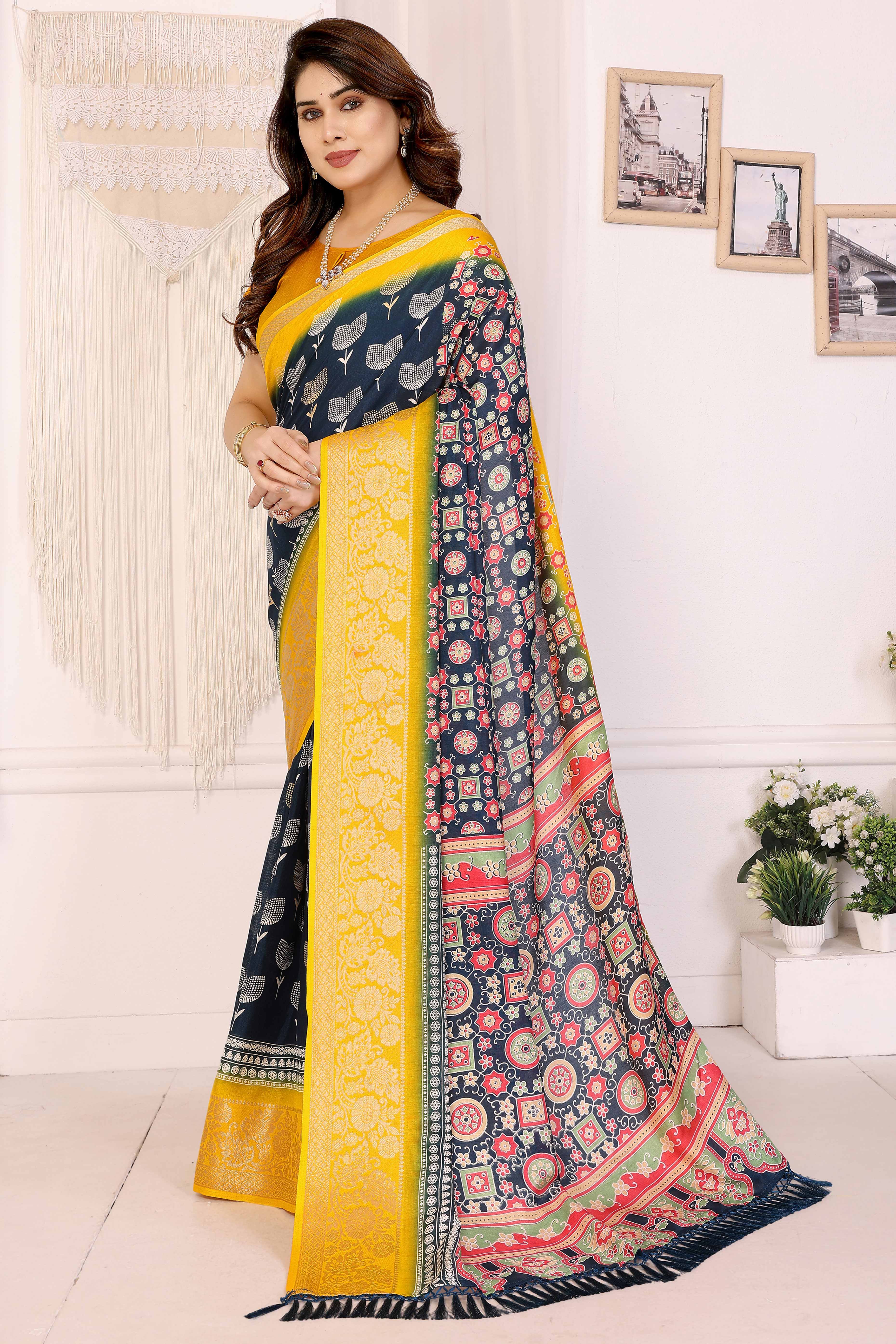 Blue Moss Crepe Saree with Floral Prints and Jacquard Edging - Image 3