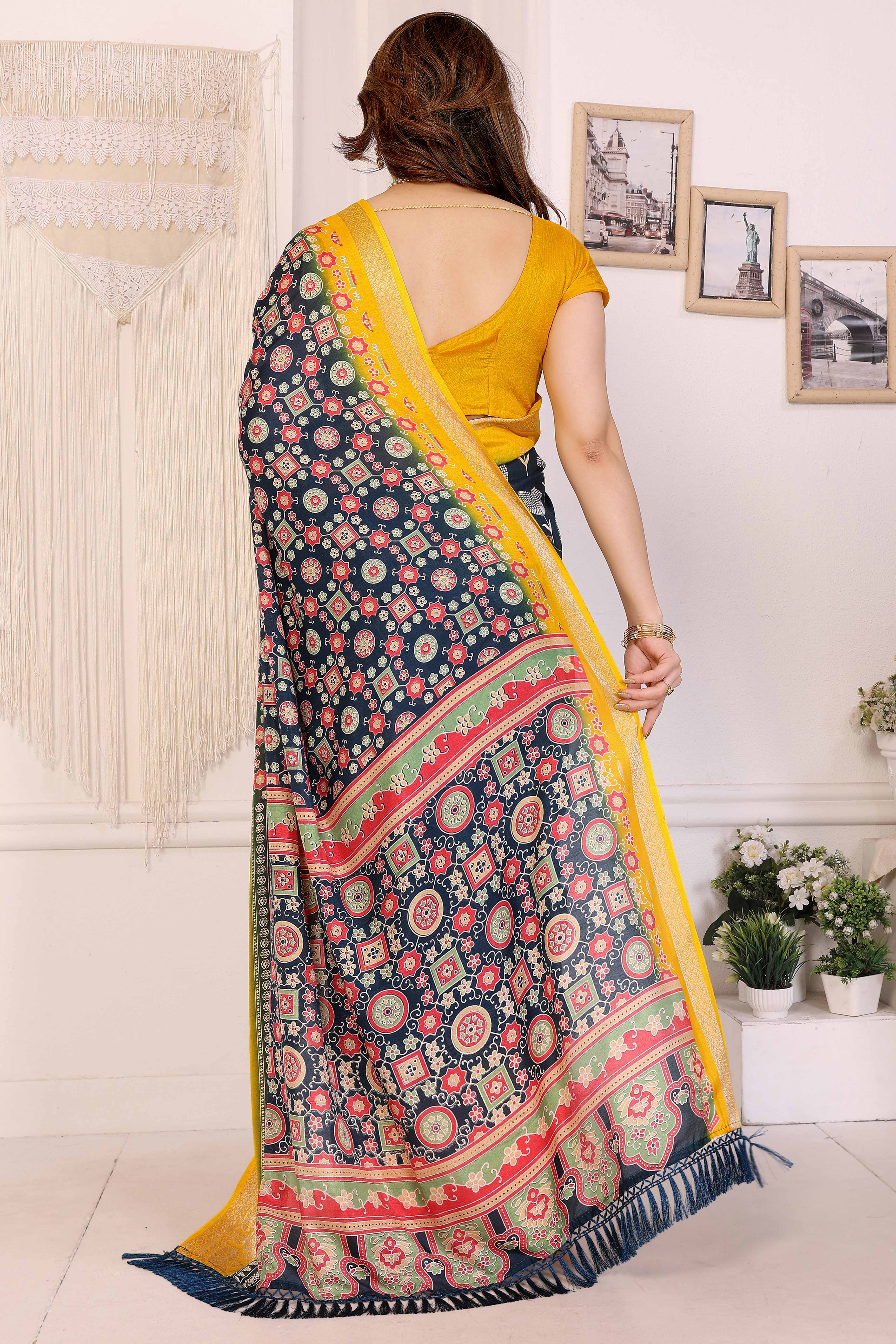 Blue Moss Crepe Saree with Floral Prints and Jacquard Edging - Image 4