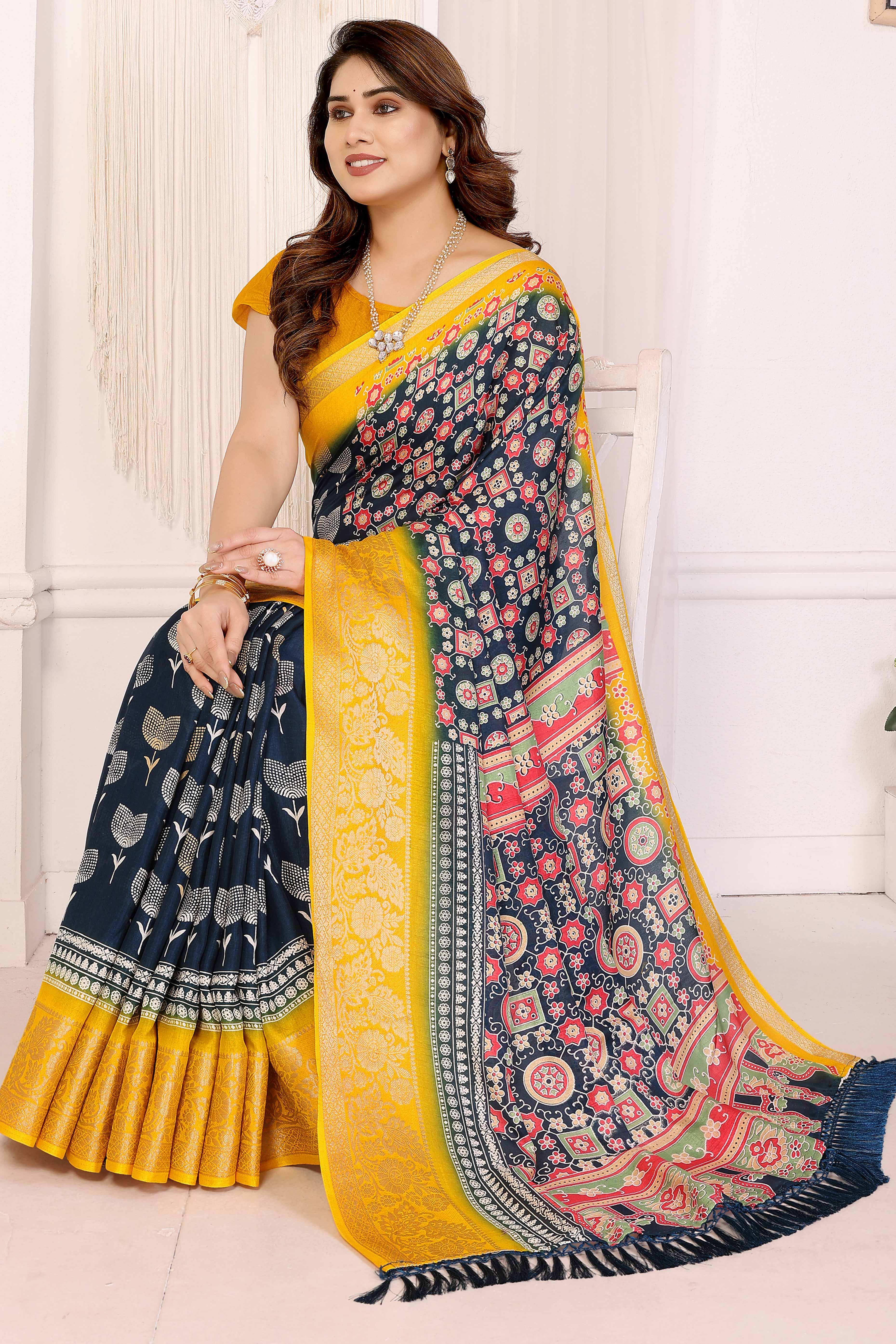 Blue Moss Crepe Saree with Floral Prints and Jacquard Edging - Image 5