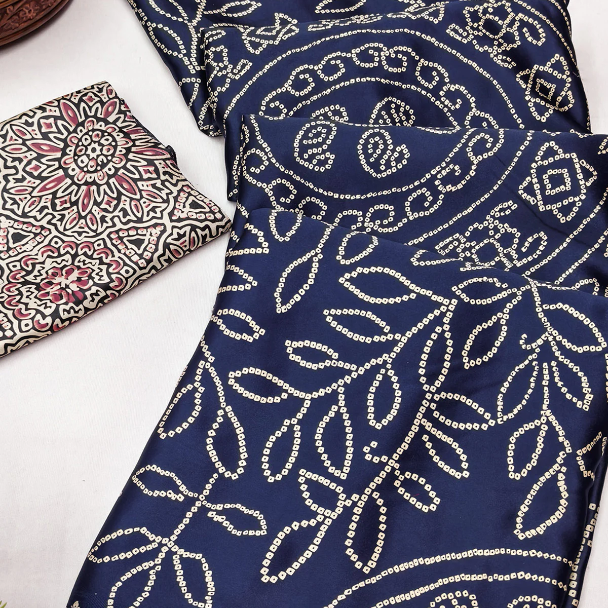 Blue Moss Satin Silk Saree Featuring Bandhani Print & Ajrakh Pallu Work - Image 2