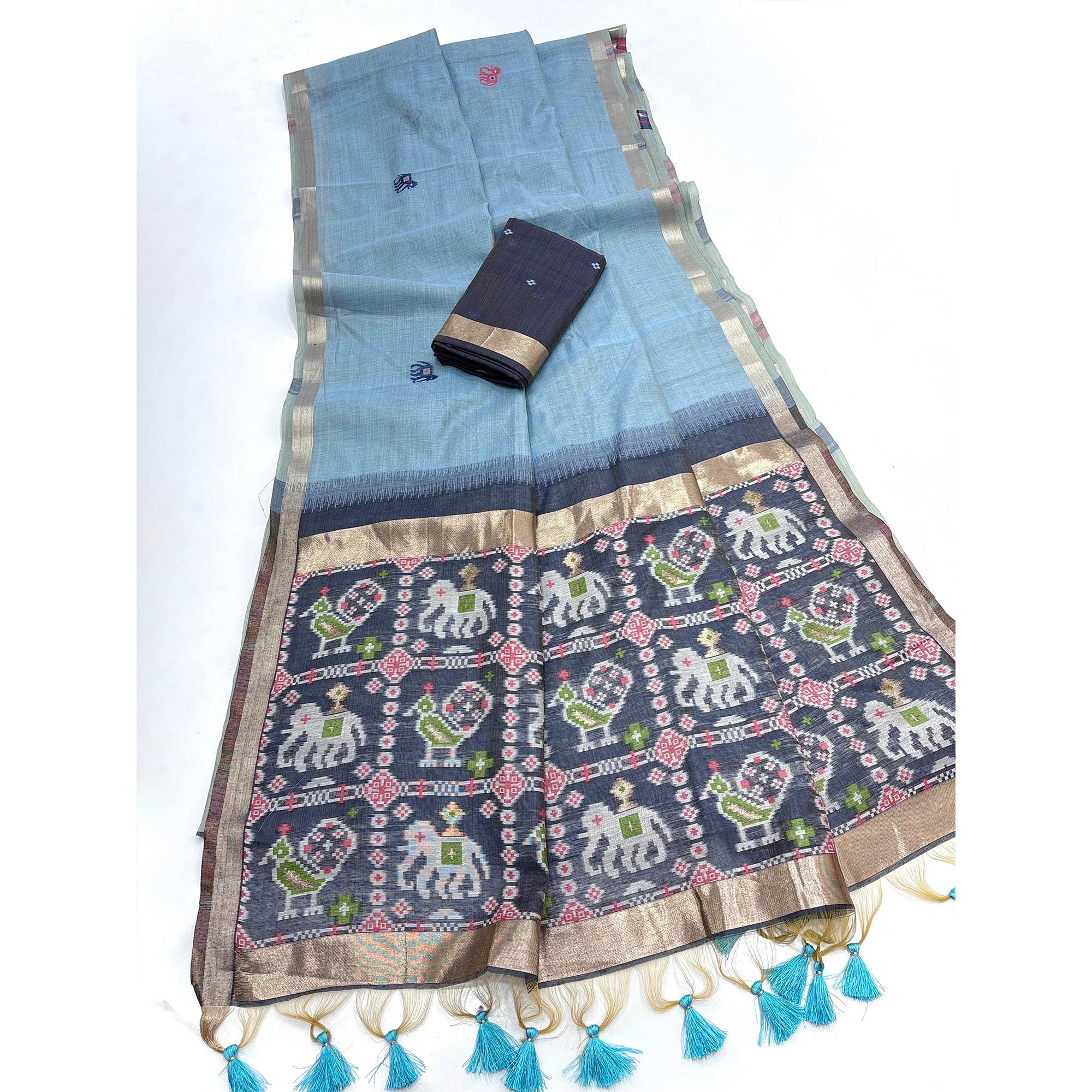 Blue Muga Cotton Silk Saree with Traditional Patola Woven Pallu Design - Image 3