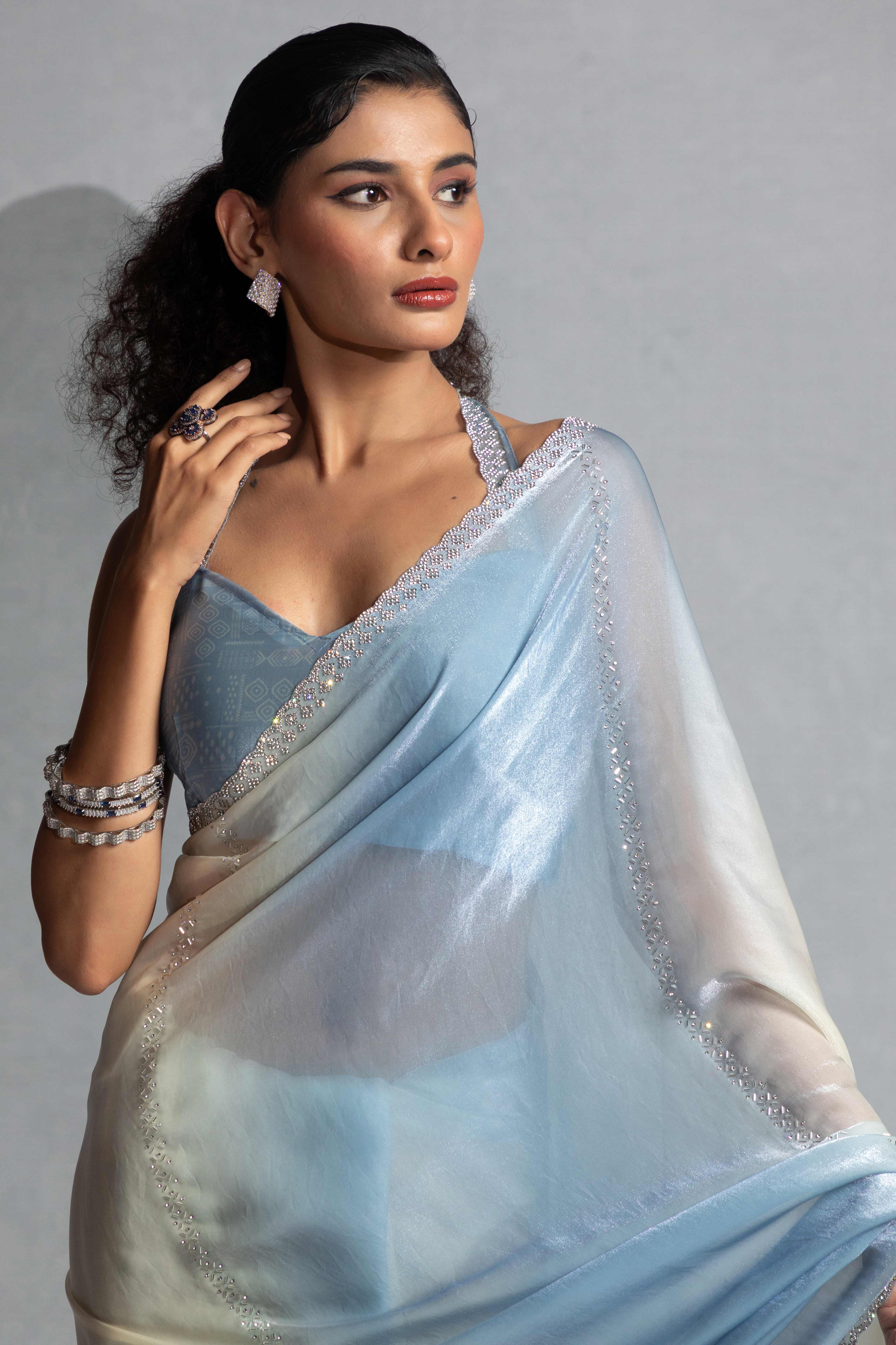 Blue & Off White Satin Silk Saree Decorated With Stone Embellishments - Image 5