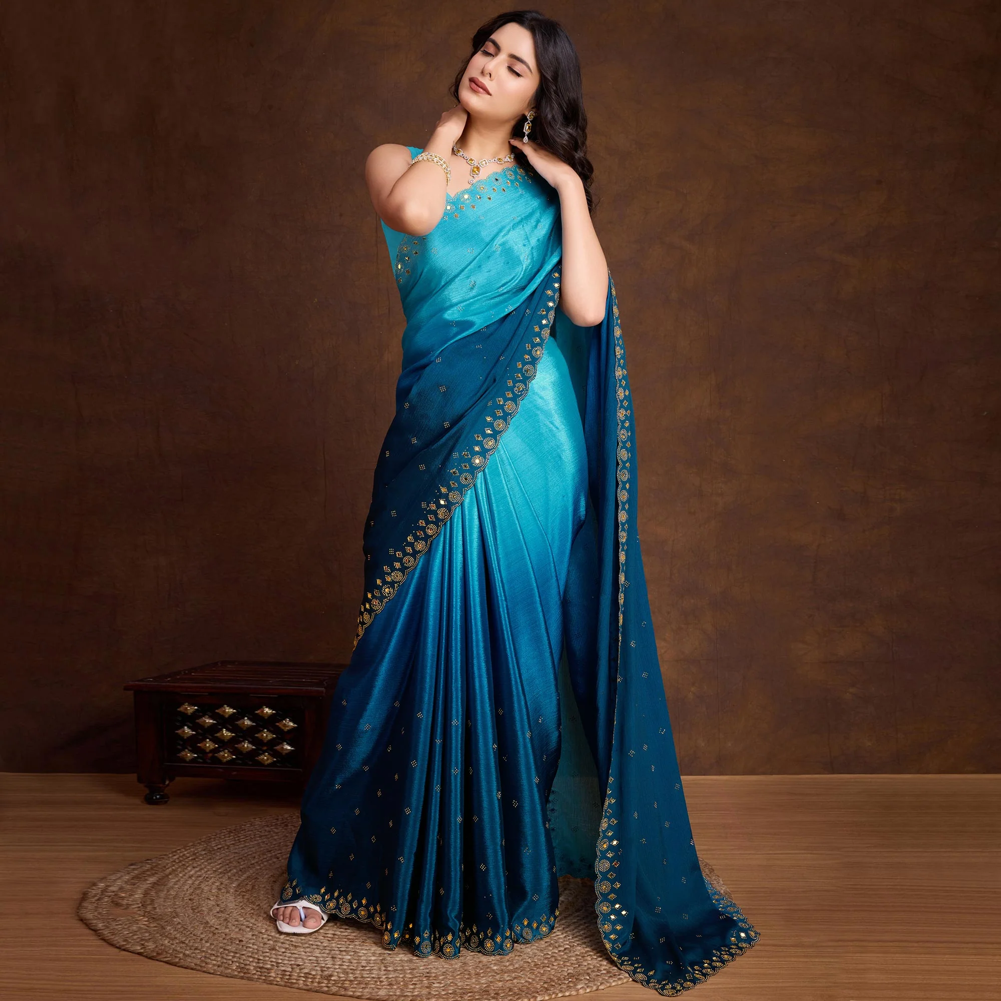 Blue Ombre Chinon Saree With Mirror Border - Image 2