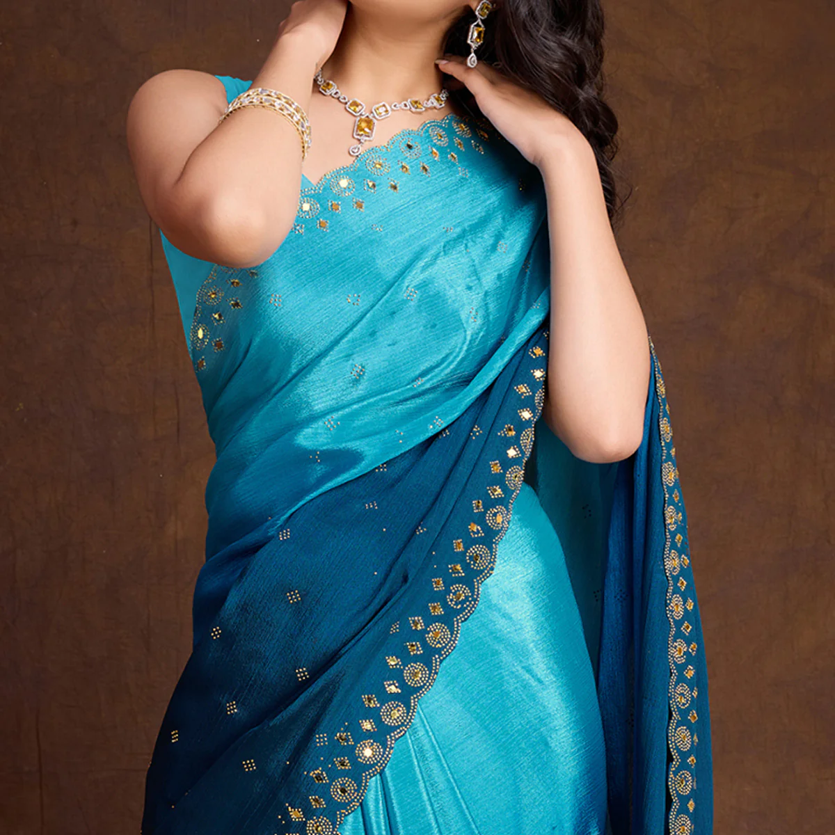 Blue Ombre Chinon Saree With Mirror Border - Image 3