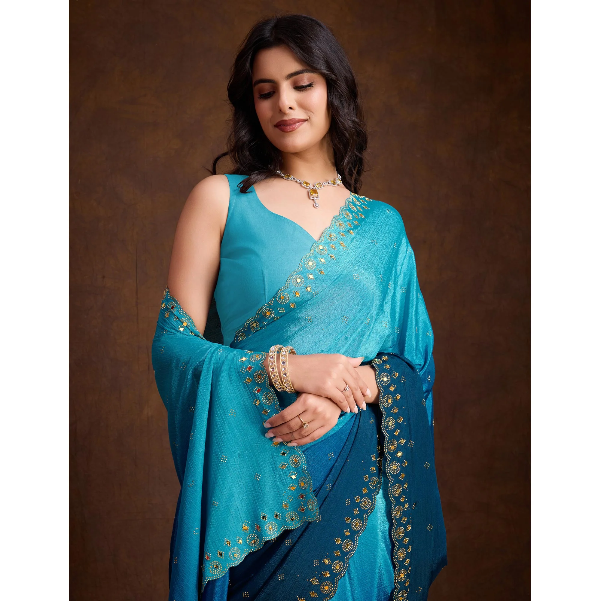Blue Ombre Chinon Saree With Mirror Border - Image 4