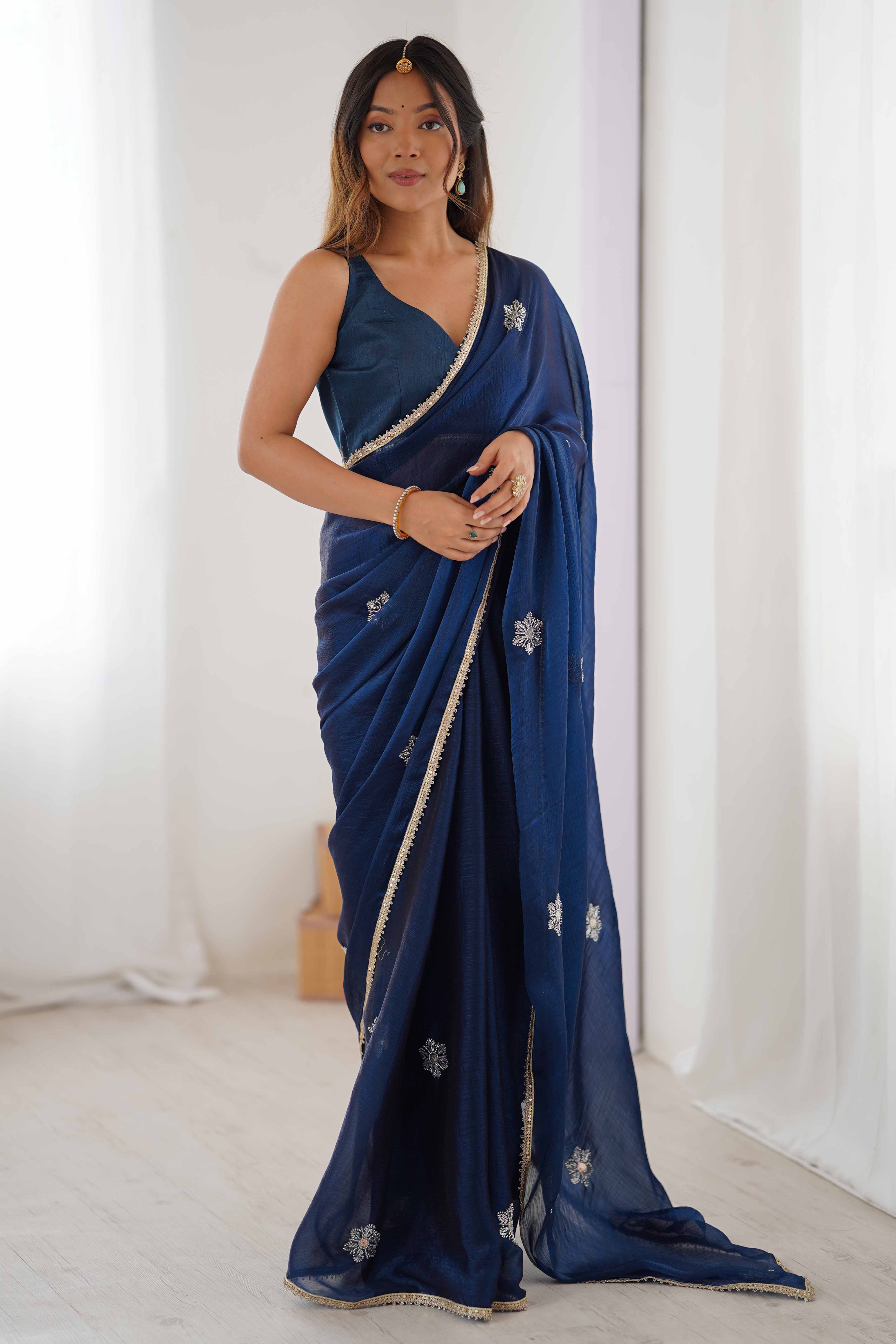 Blue Organza Saree Embellished with Intricate Floral Work and Elegant Lace Detailing - Image 4