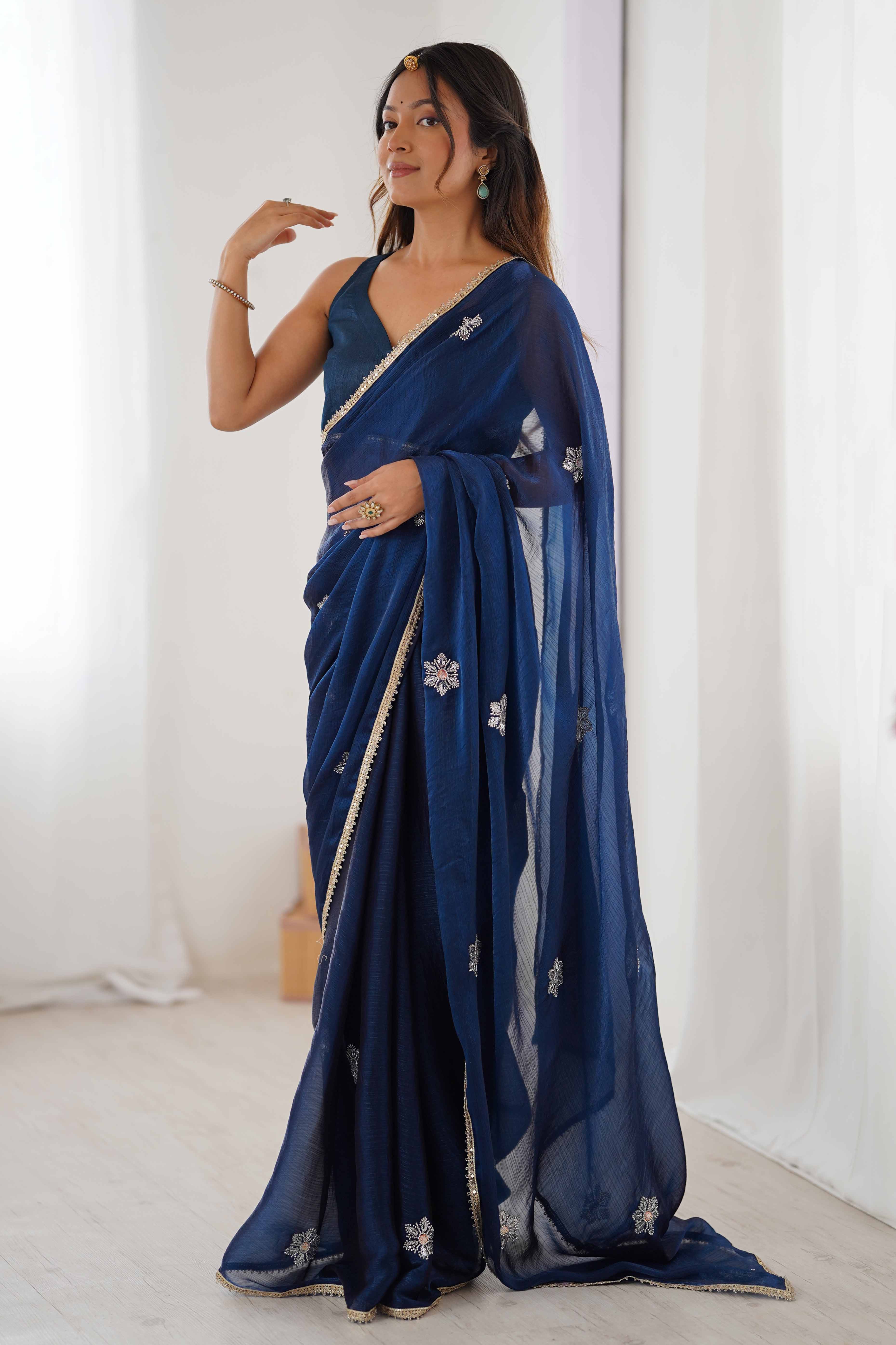 Blue Organza Saree Embellished with Intricate Floral Work and Elegant Lace Detailing - Image 7