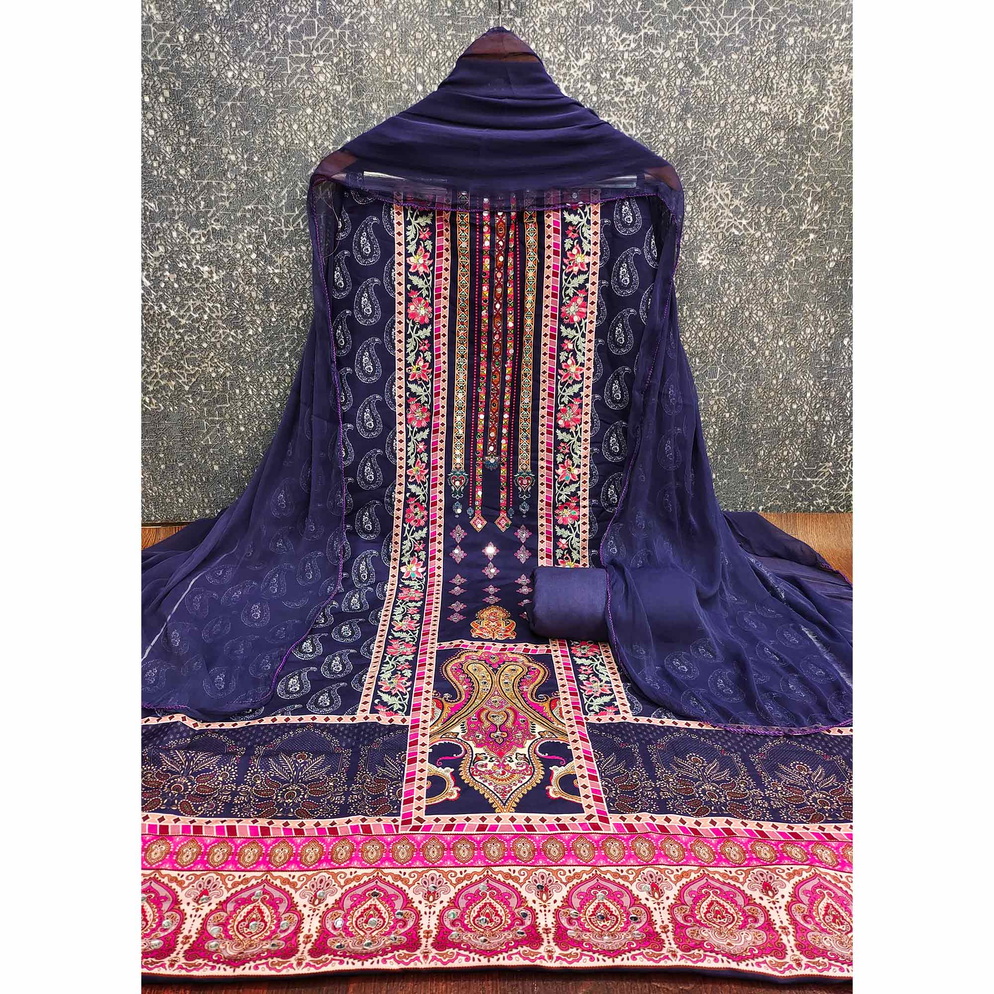 Blue Paisley & Floral Digital Printed Rayon Dress Material With Intricate Mirror Work - Image 3