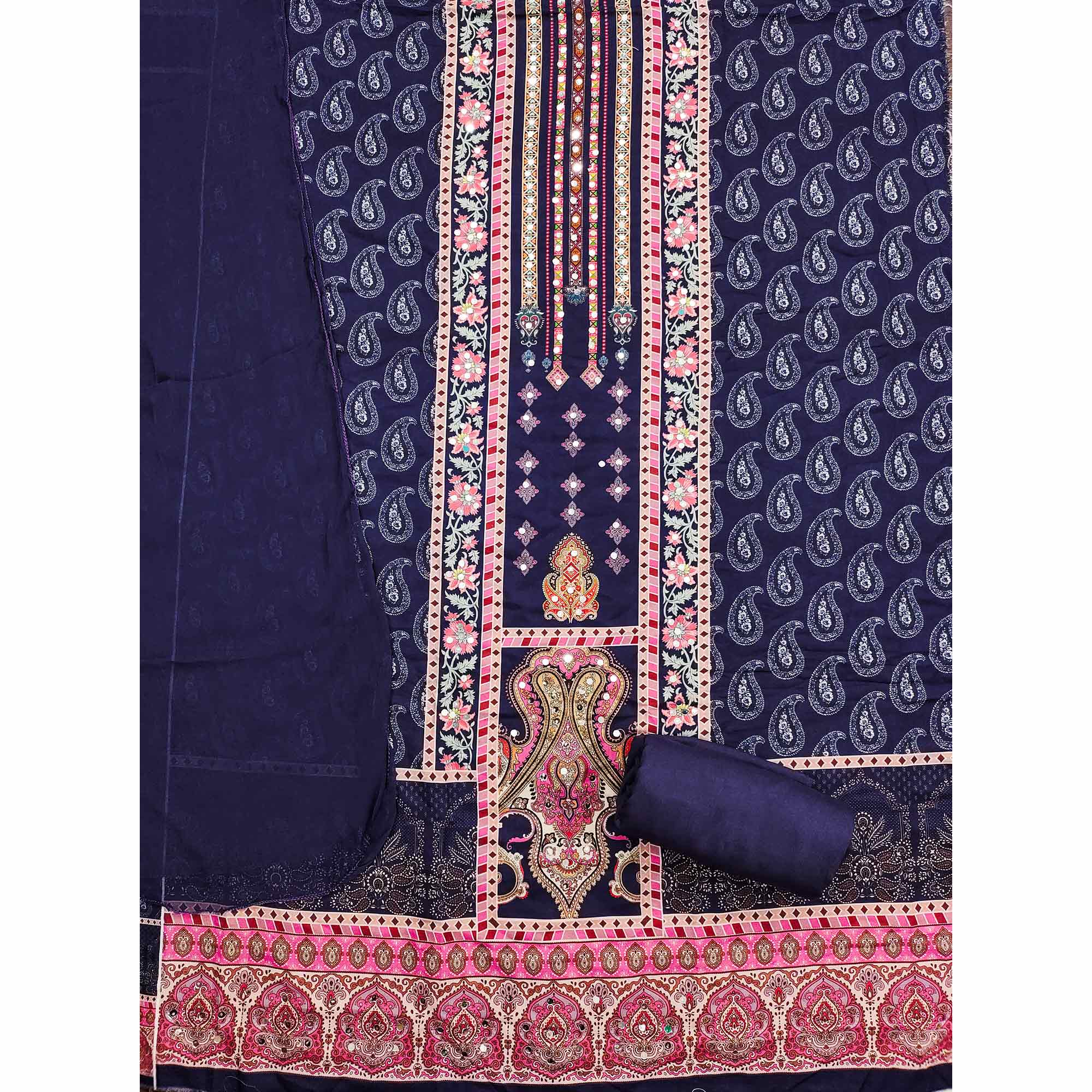 Blue Paisley & Floral Digital Printed Rayon Dress Material With Intricate Mirror Work - Image 4