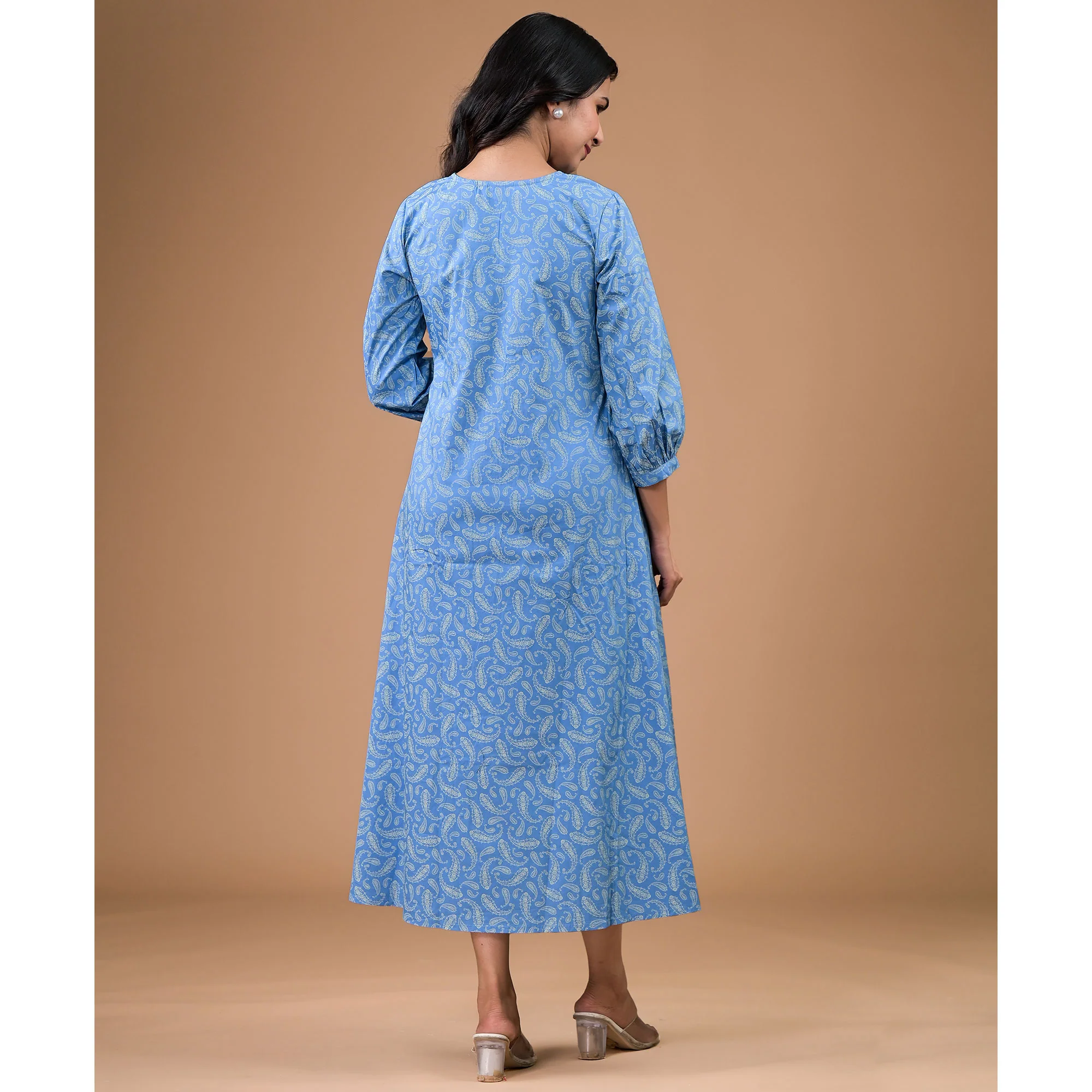 Blue Paisley Printed Satin A-Line Dress - Image 9