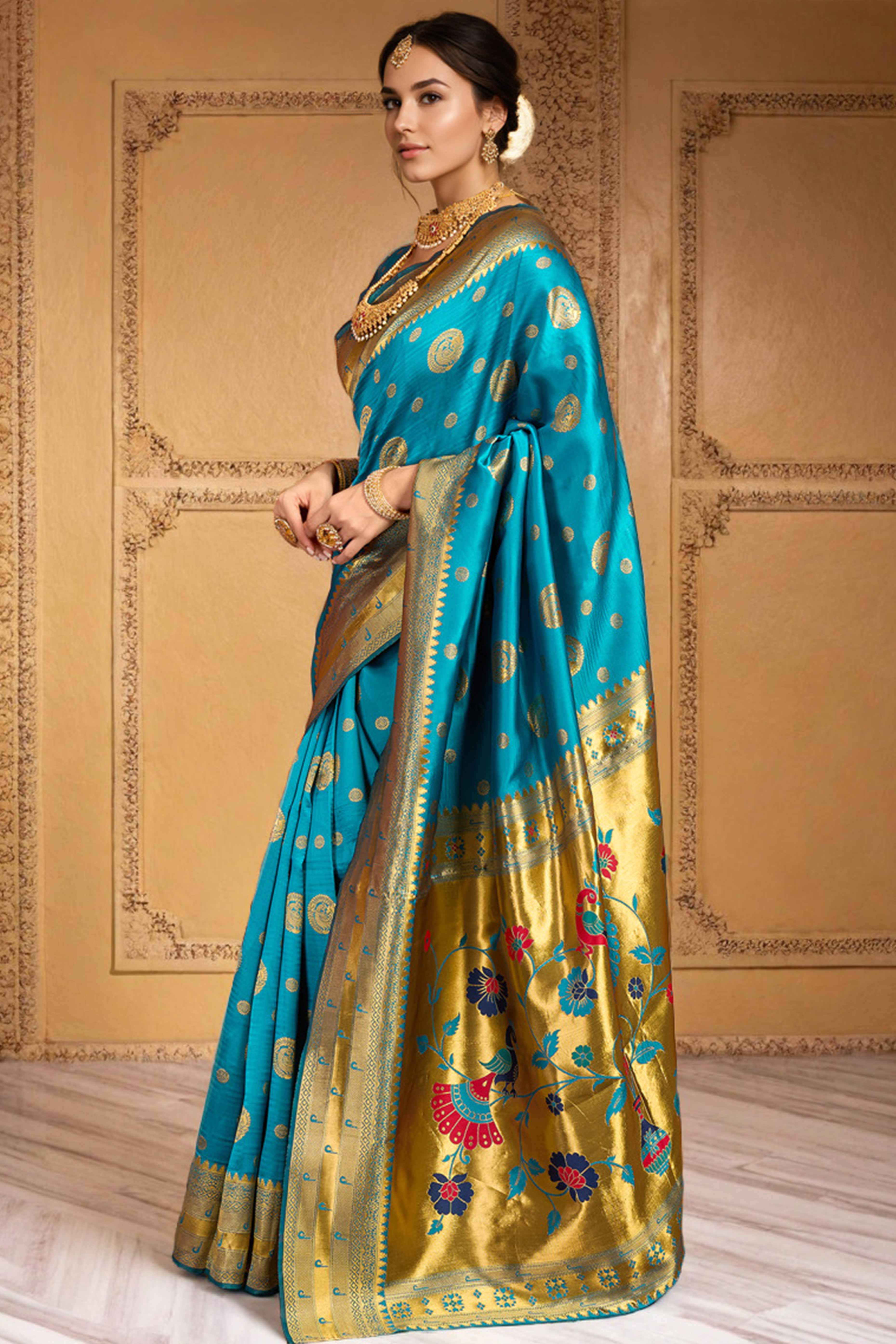 Blue Paithani Silk Blend Saree Embellished With Zari Peacock & Floral Woven Patterns - Image 4
