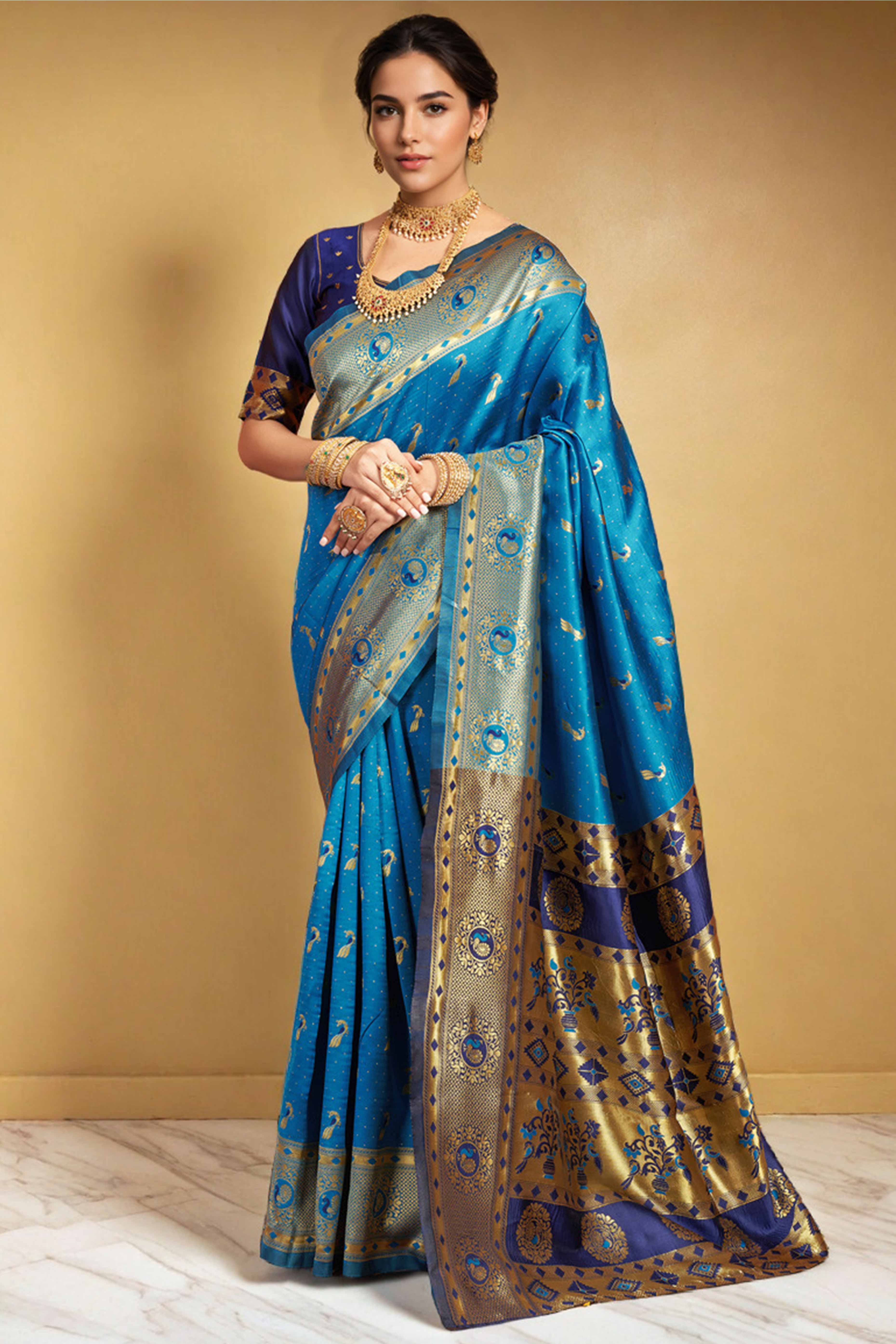 Blue Paithani Silk Blend Saree Featuring Intricate Zari Peacock &  Floral Weaving