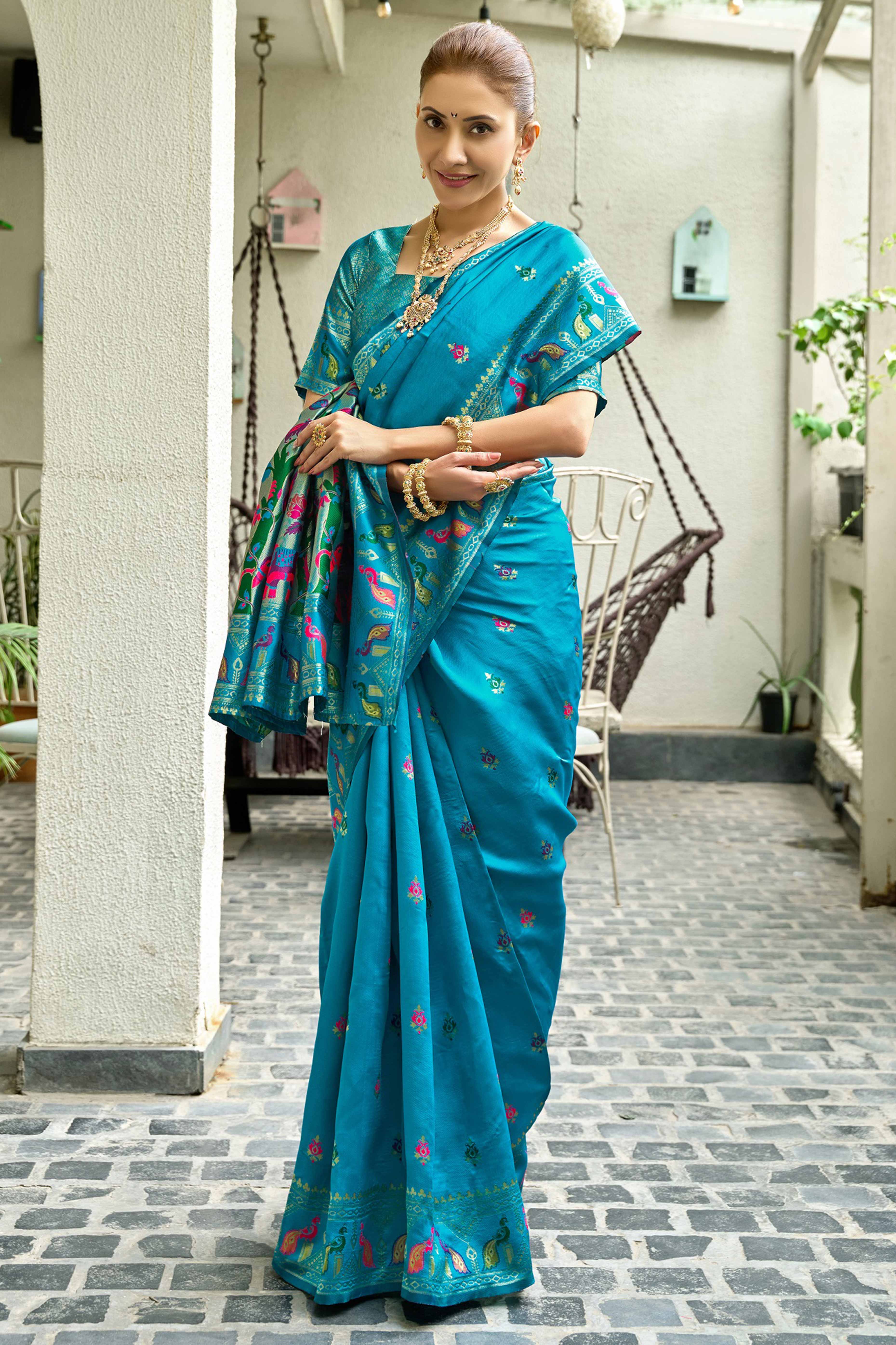 Blue Paithani Style Soft Silk Saree with Zari Weaving - Image 3