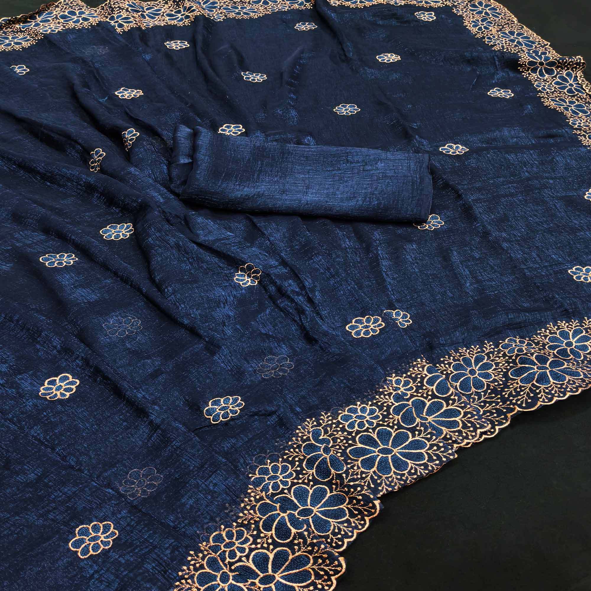 Blue Partywear Saree in Soft Chiffon with Intricate Floral Embroidery - Image 3