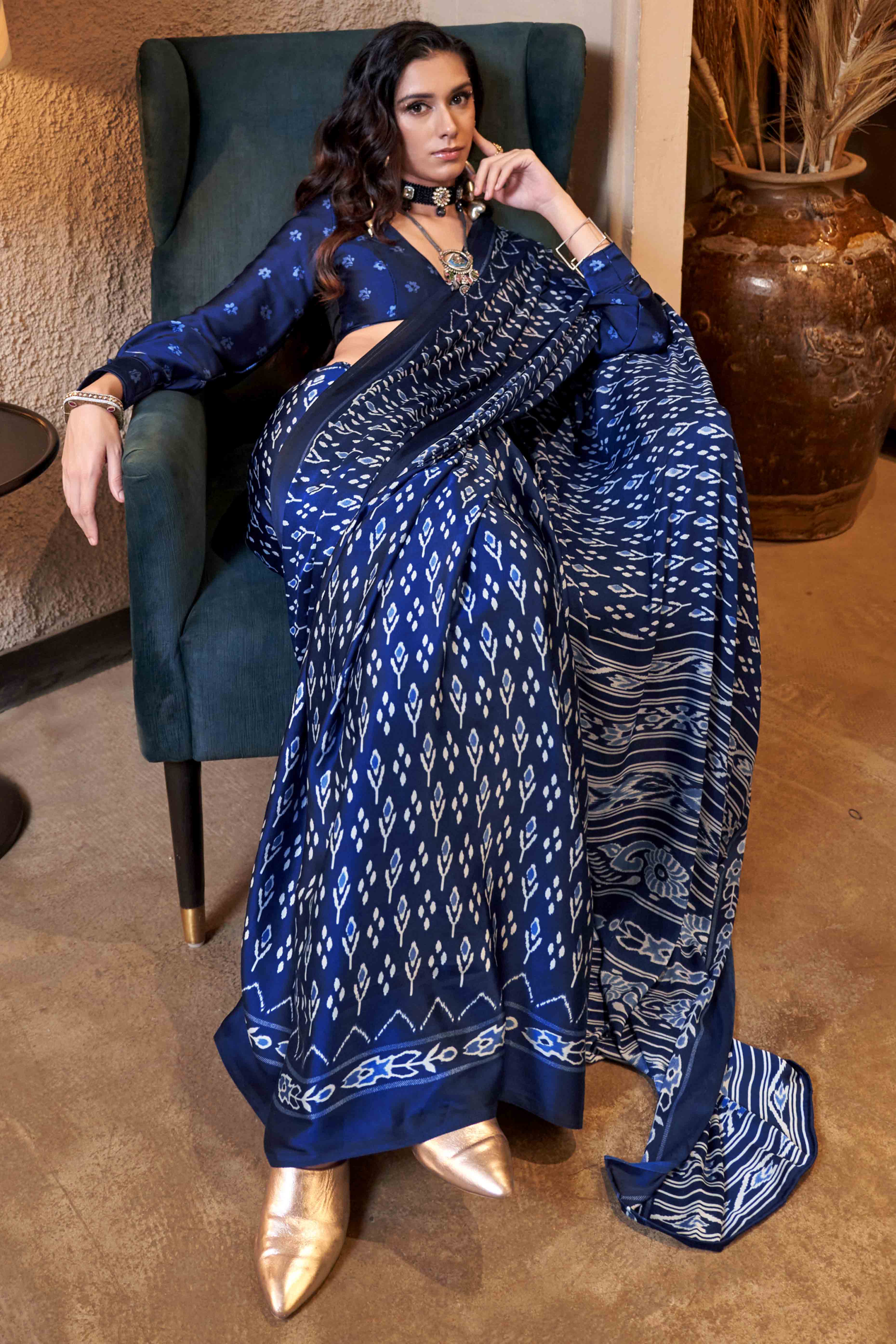 Blue Patola Printed Satin Crepe Saree - Image 3