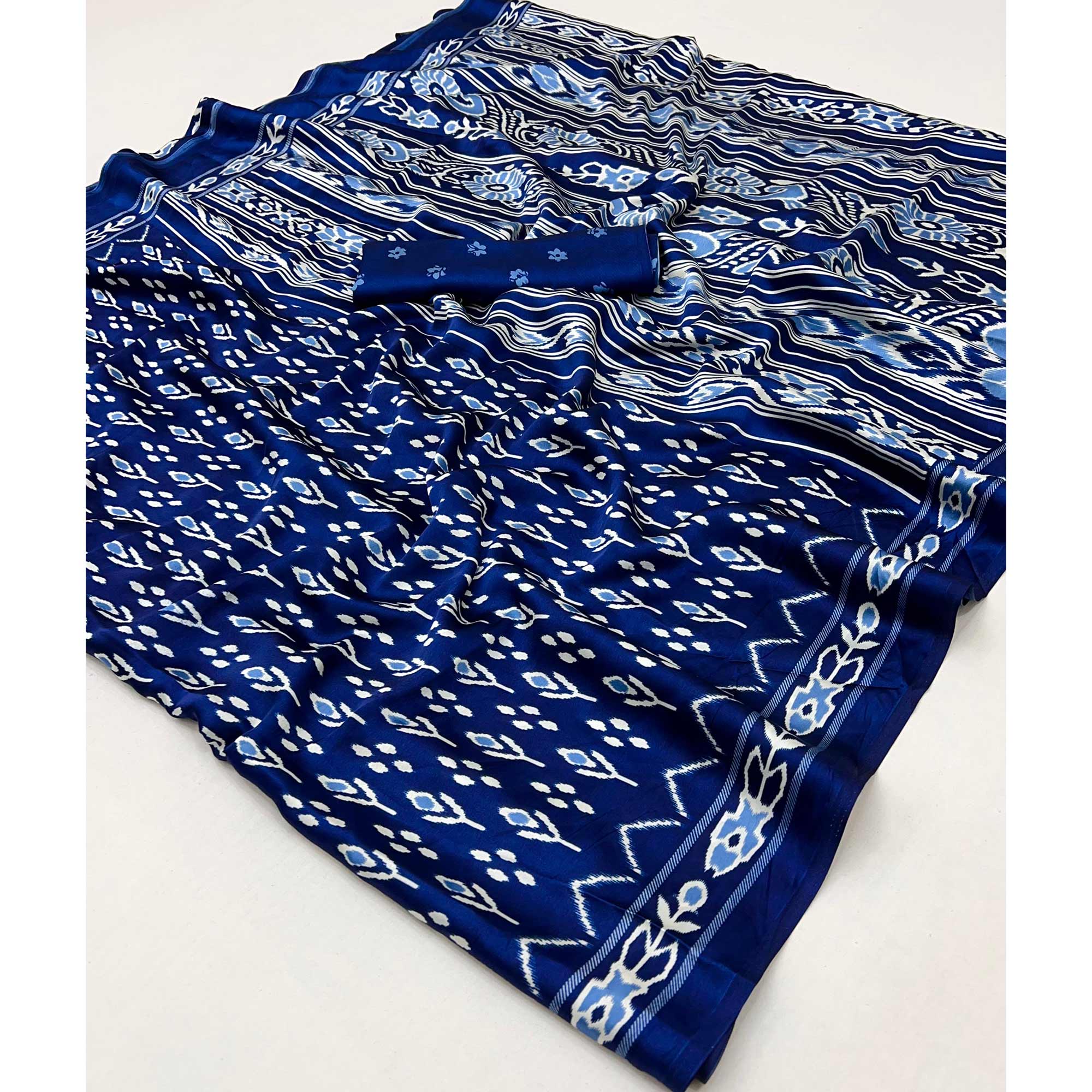 Blue Patola Printed Satin Crepe Saree - Image 4