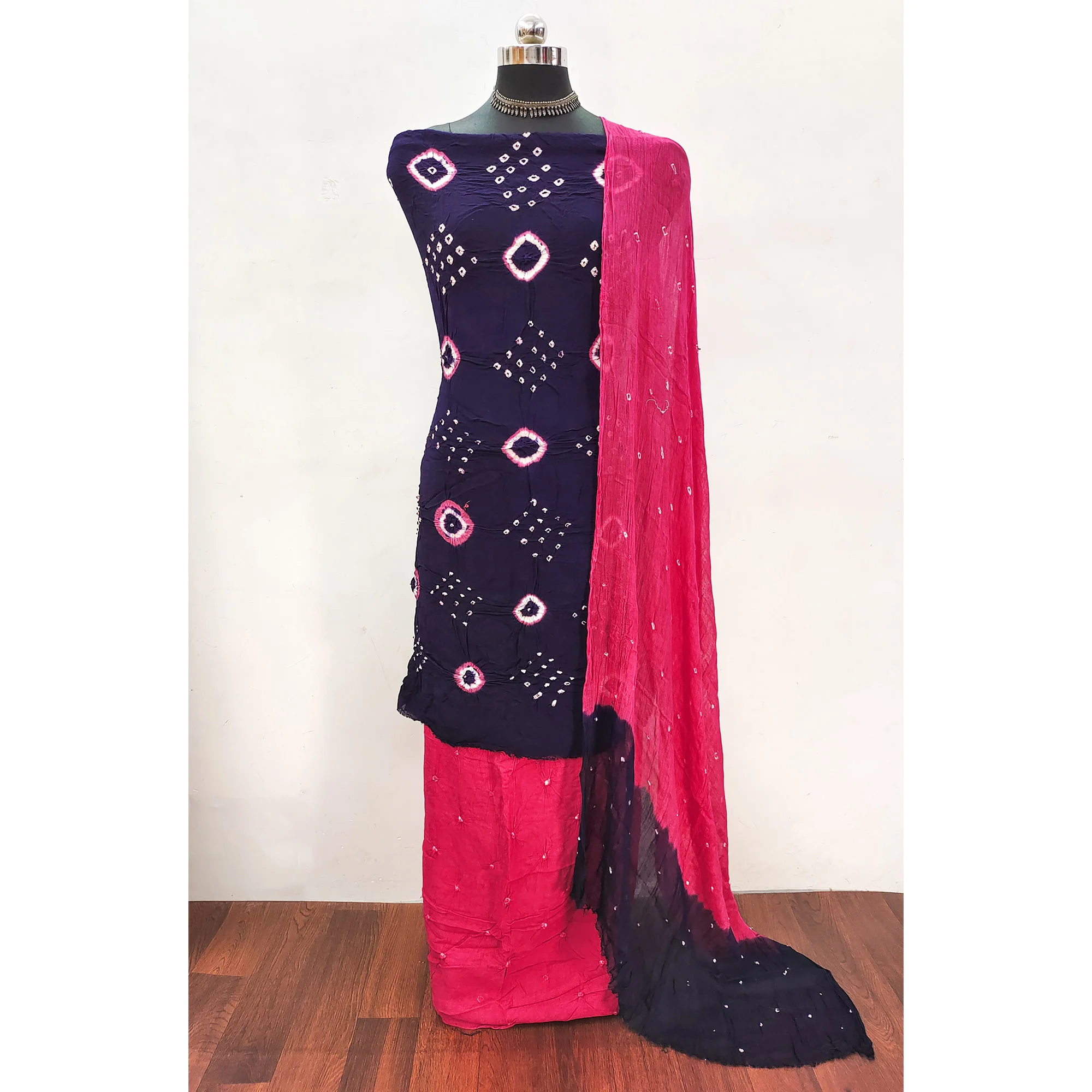 Blue & Pink Tie & Dye Printed Rayon Dress Material - Image 3