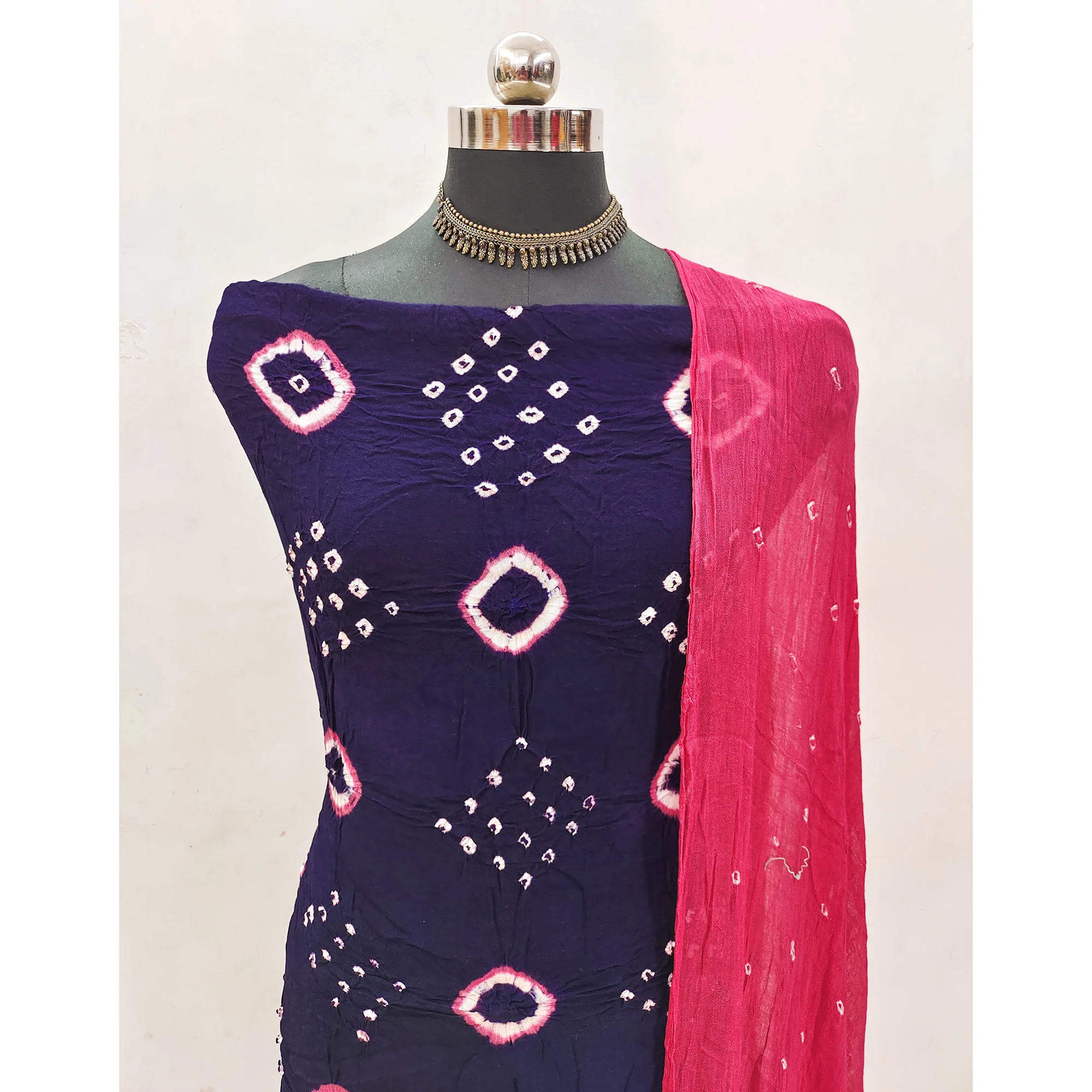 Blue & Pink Tie & Dye Printed Rayon Dress Material - Image 4
