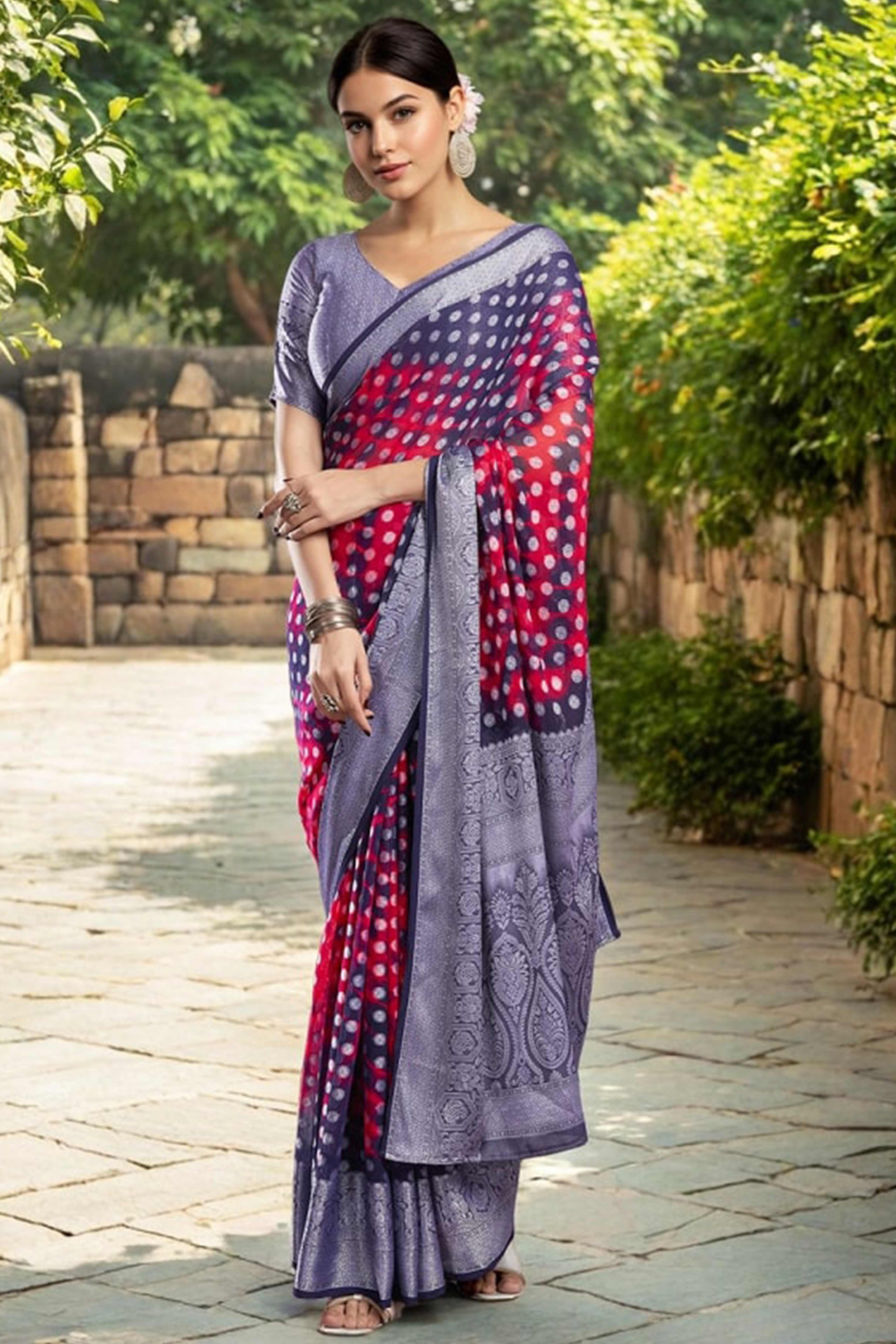 Blue & Pink Weaving Jacquard Georgette Saree Featuring Ornamental Pallu Design - Image 3