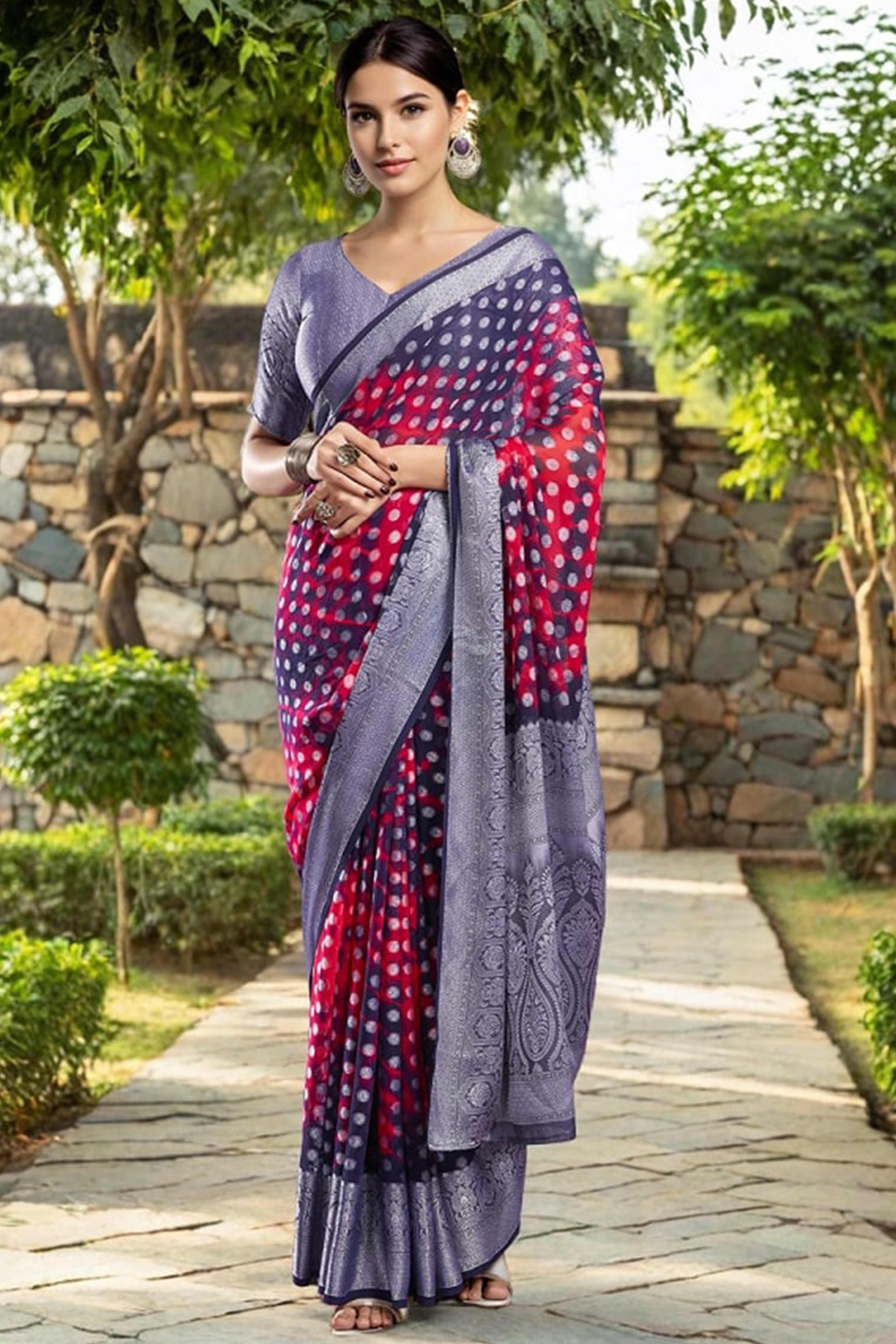 Blue & Pink Weaving Jacquard Georgette Saree Featuring Ornamental Pallu Design - Image 4