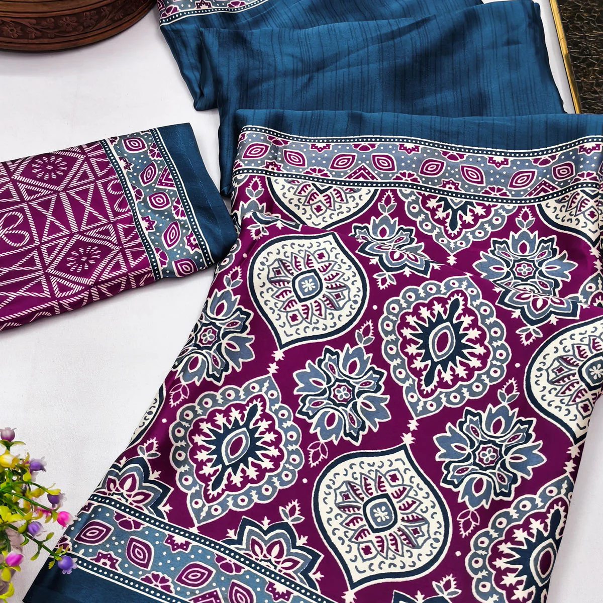 Blue Premium Crepe Silk Lightweight Saree Adorned with Classic Ajrakh Patterns - Image 2