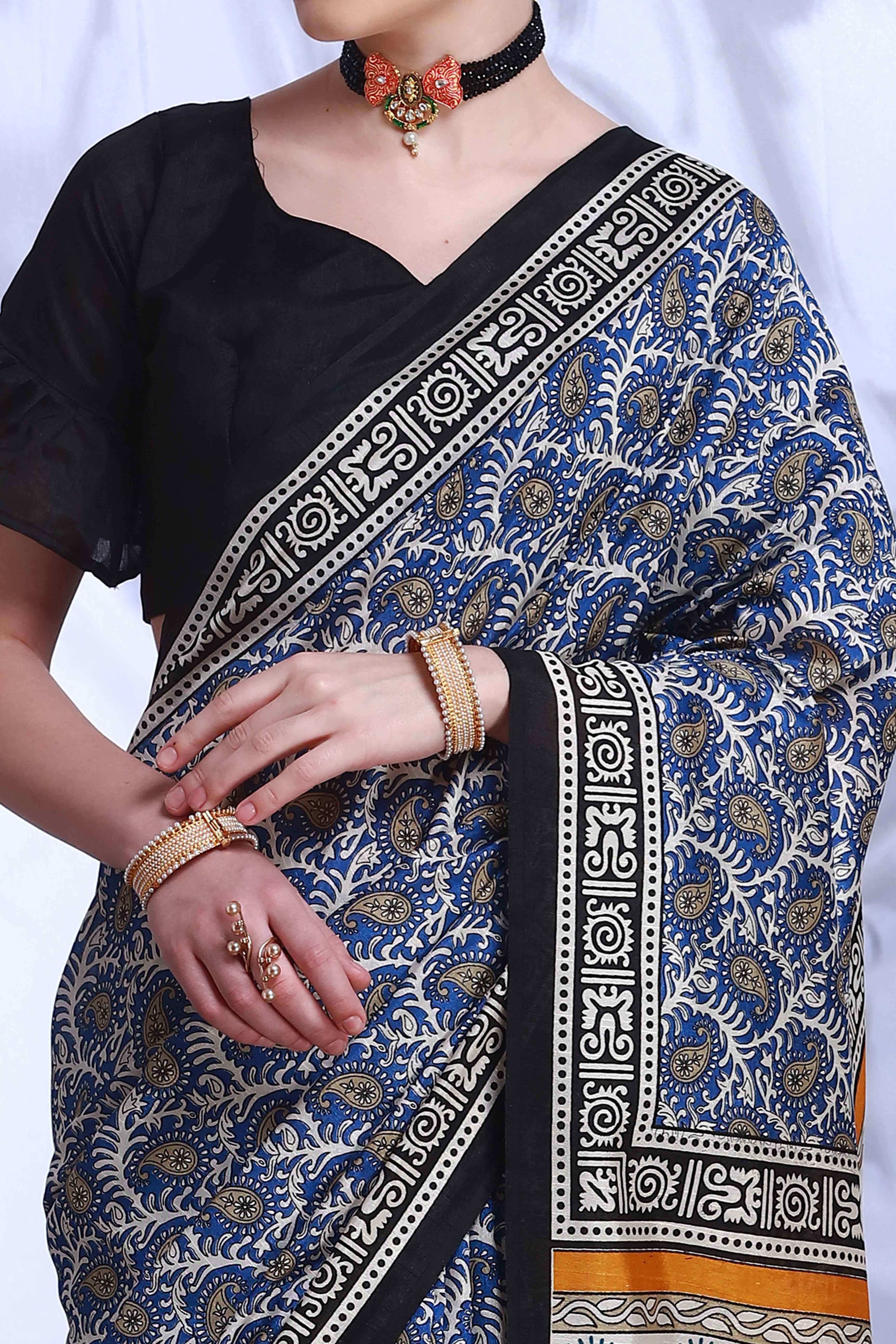 Blue Printed Bhagalpuri Silk Saree - Image 2
