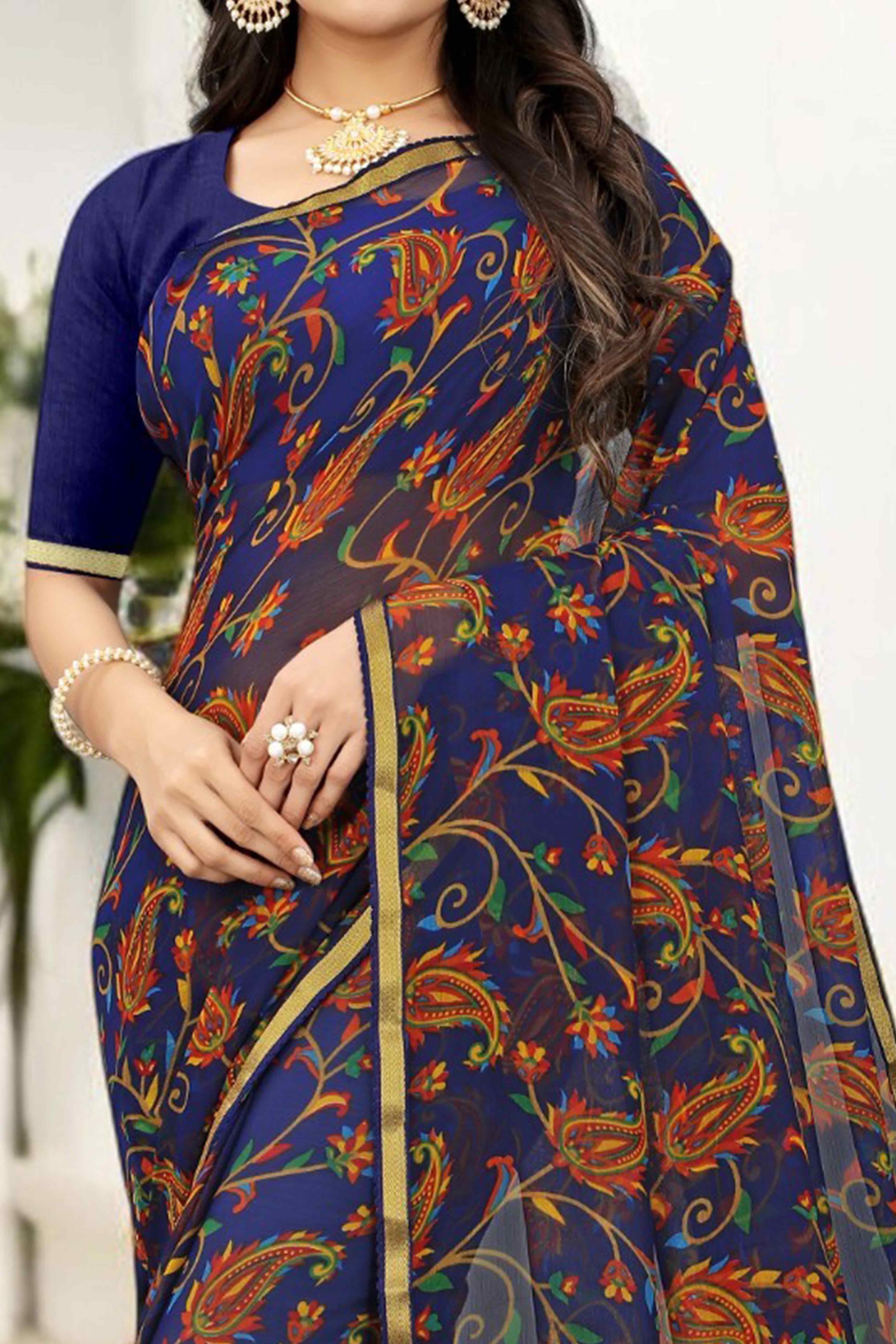 Blue Printed Chiffon Saree With Lace Border - Image 2