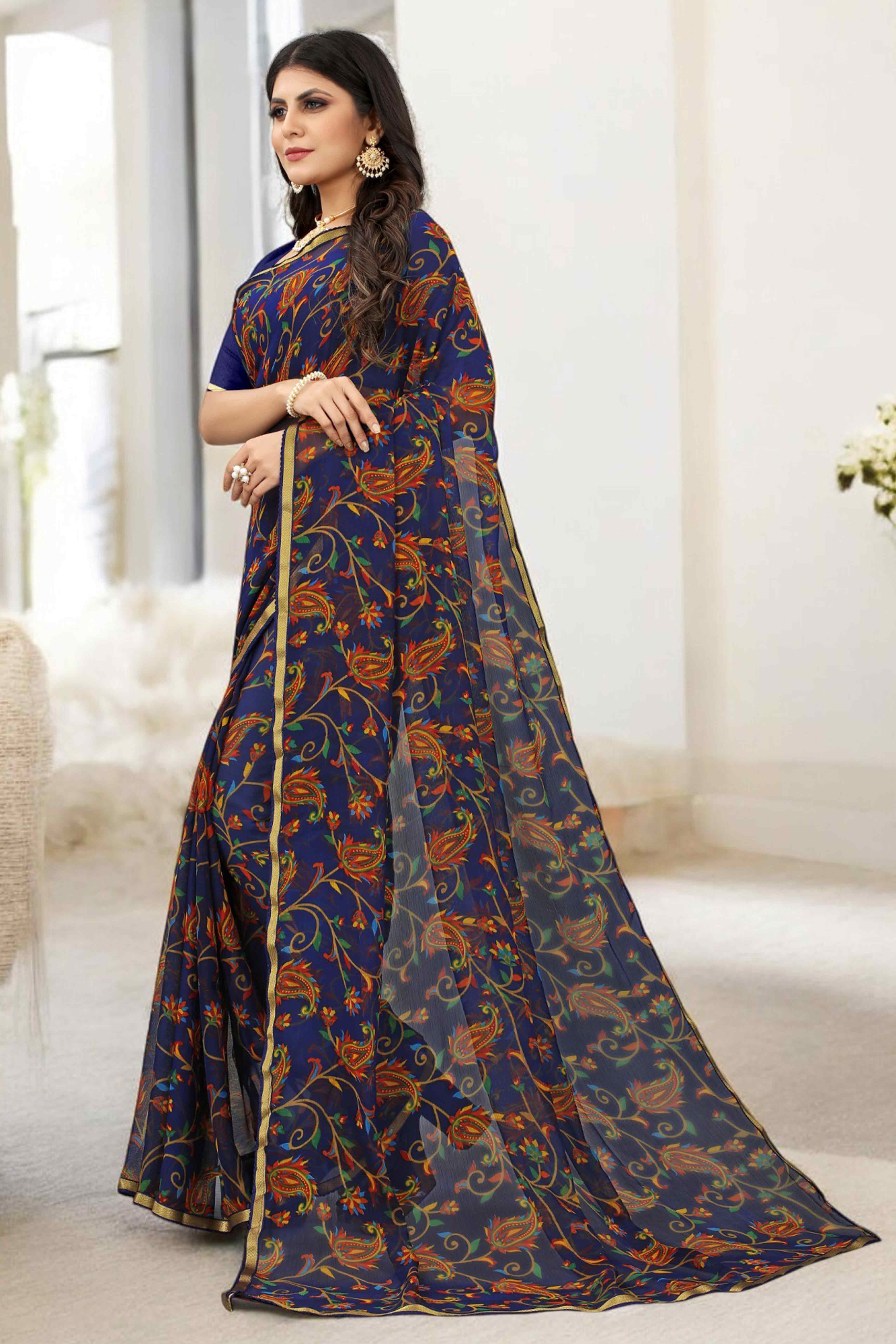 Blue Printed Chiffon Saree With Lace Border - Image 3