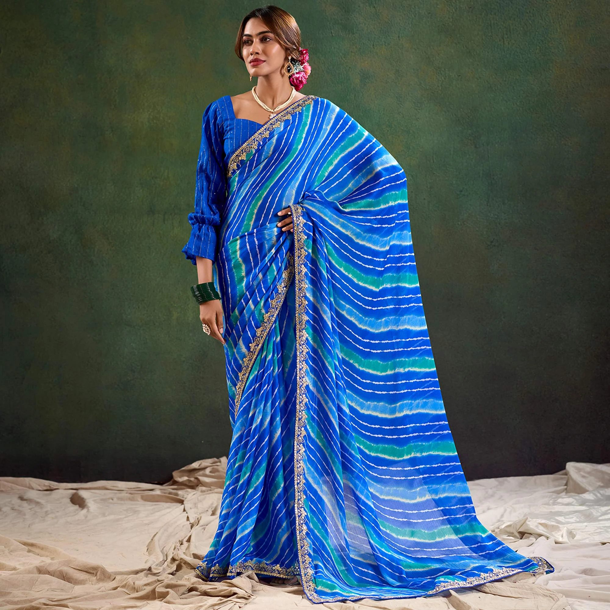 Blue Printed Chiffon Saree With Sequins Border - Image 2