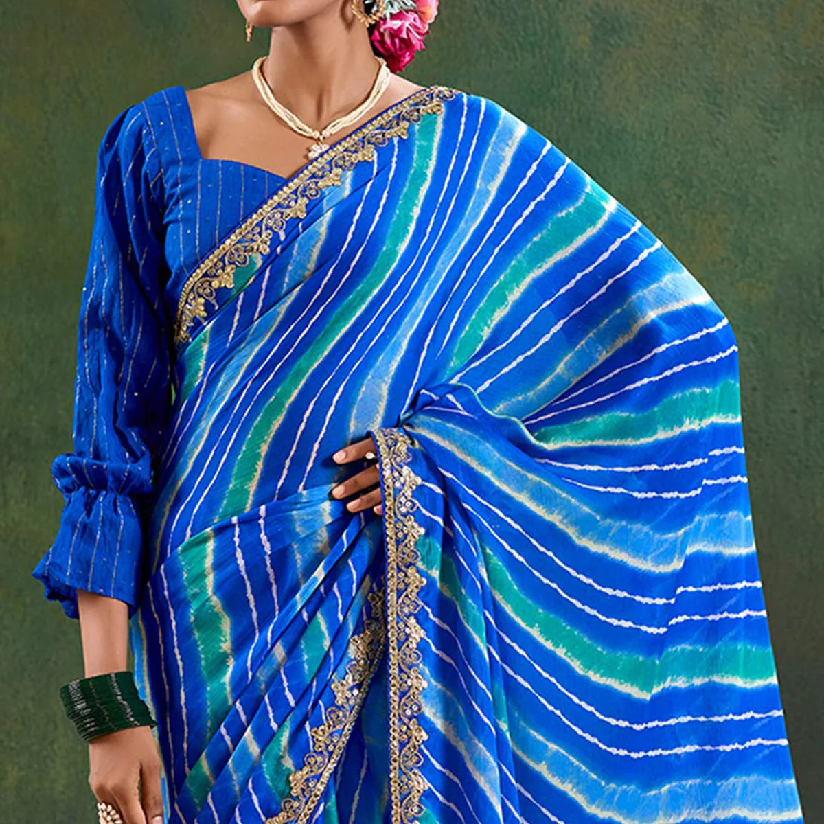 Blue Printed Chiffon Saree With Sequins Border - Image 3