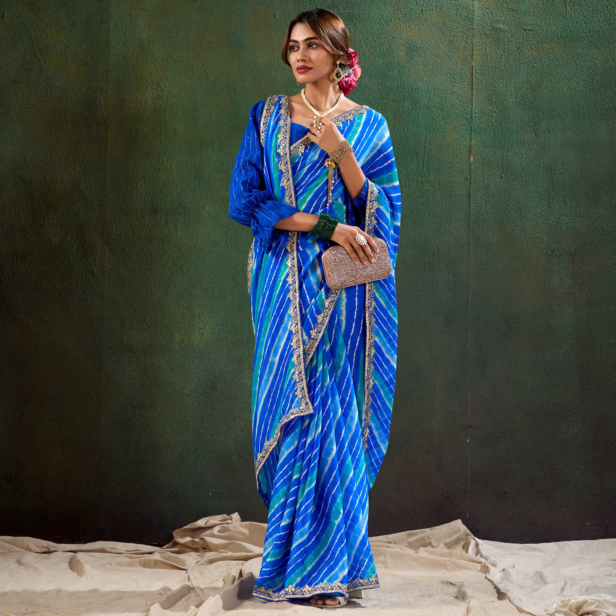Blue Printed Chiffon Saree With Sequins Border - Image 4